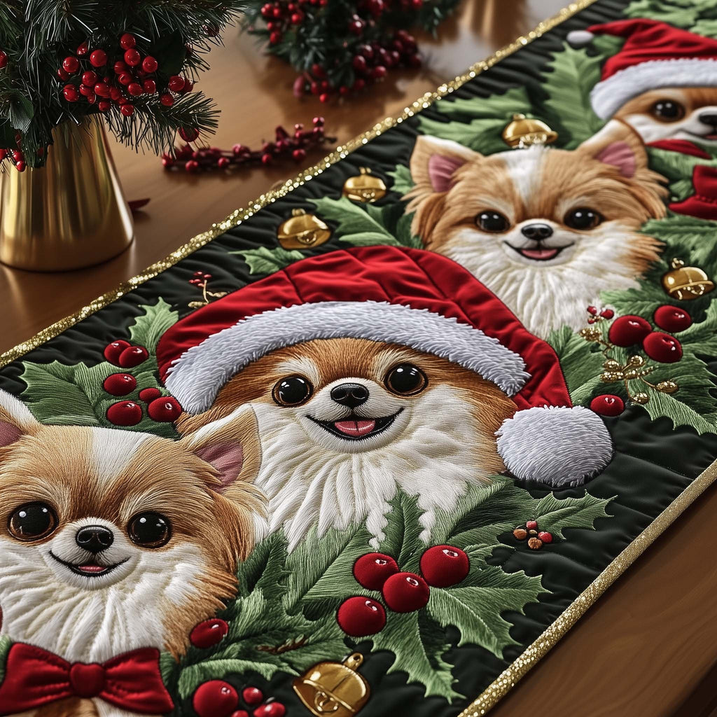 Pomeranians in Santa Hats Table Runner