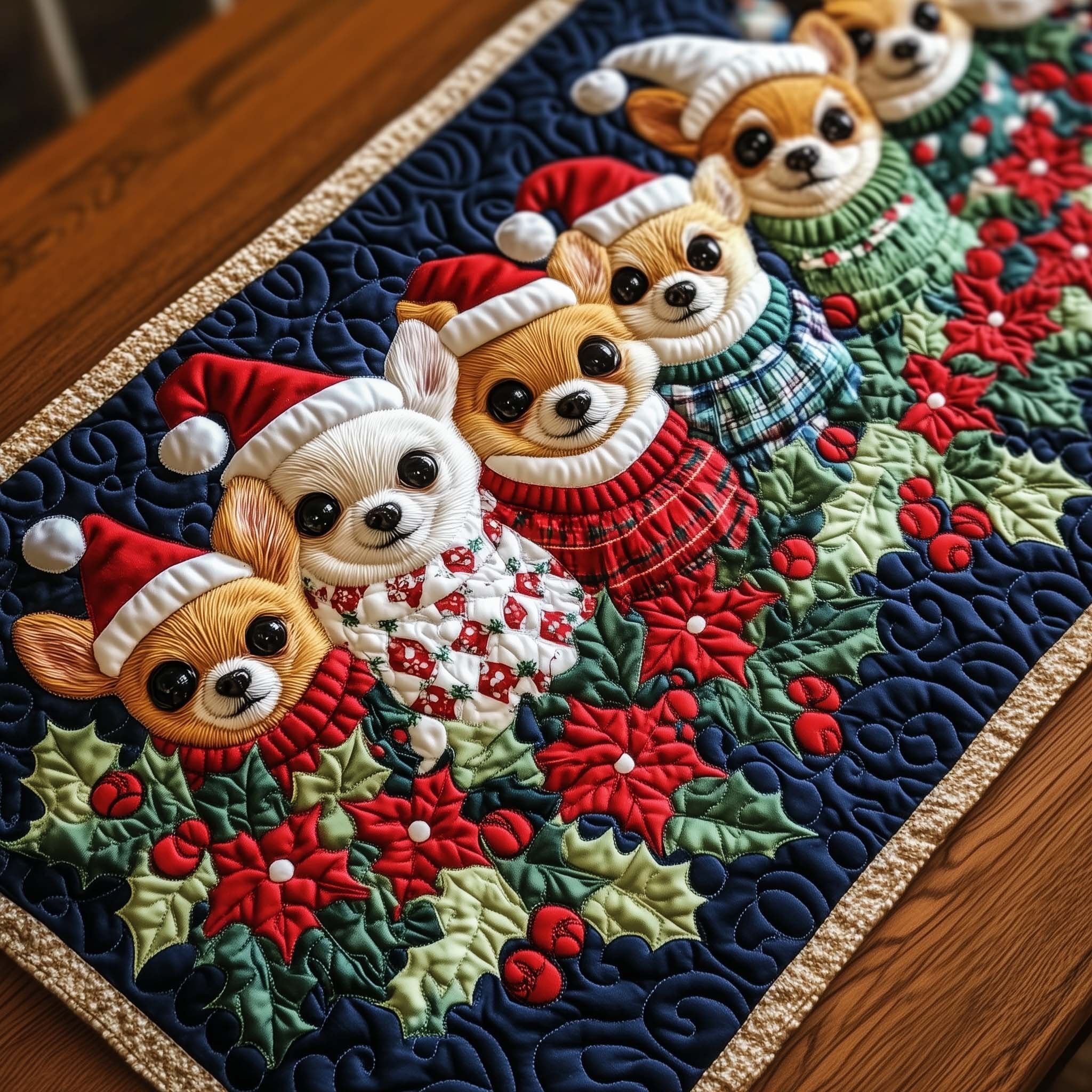 Puppies in Santa Hats with Poinsettias Table Runner
