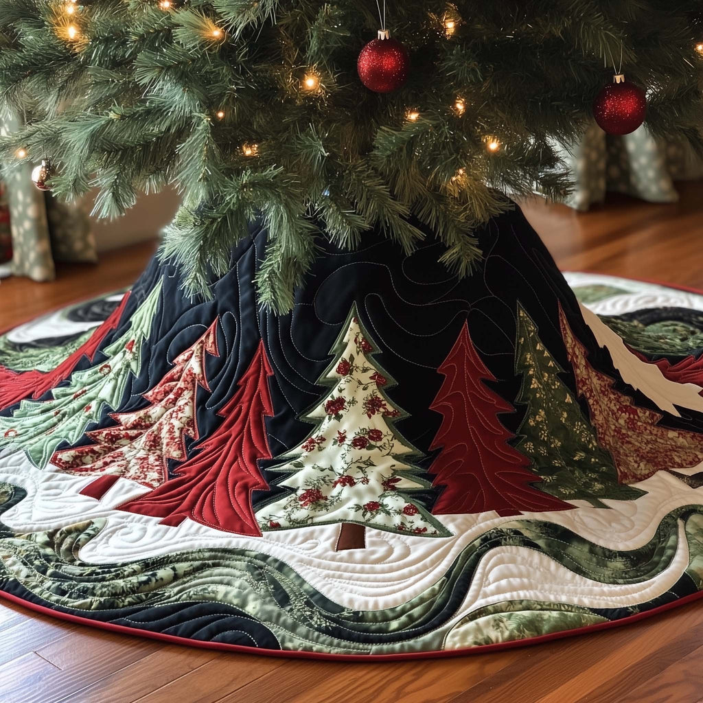 Red and White Pines on Green Christmas Tree Skirt