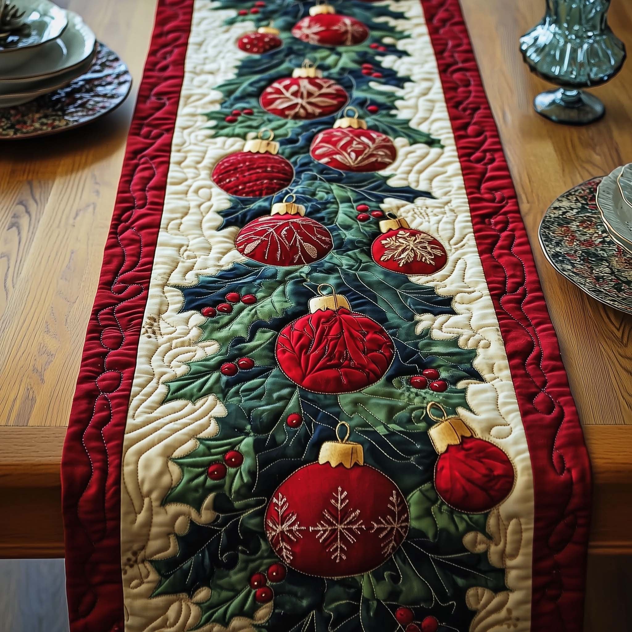 Red Baubles on Cream Center Table Runner