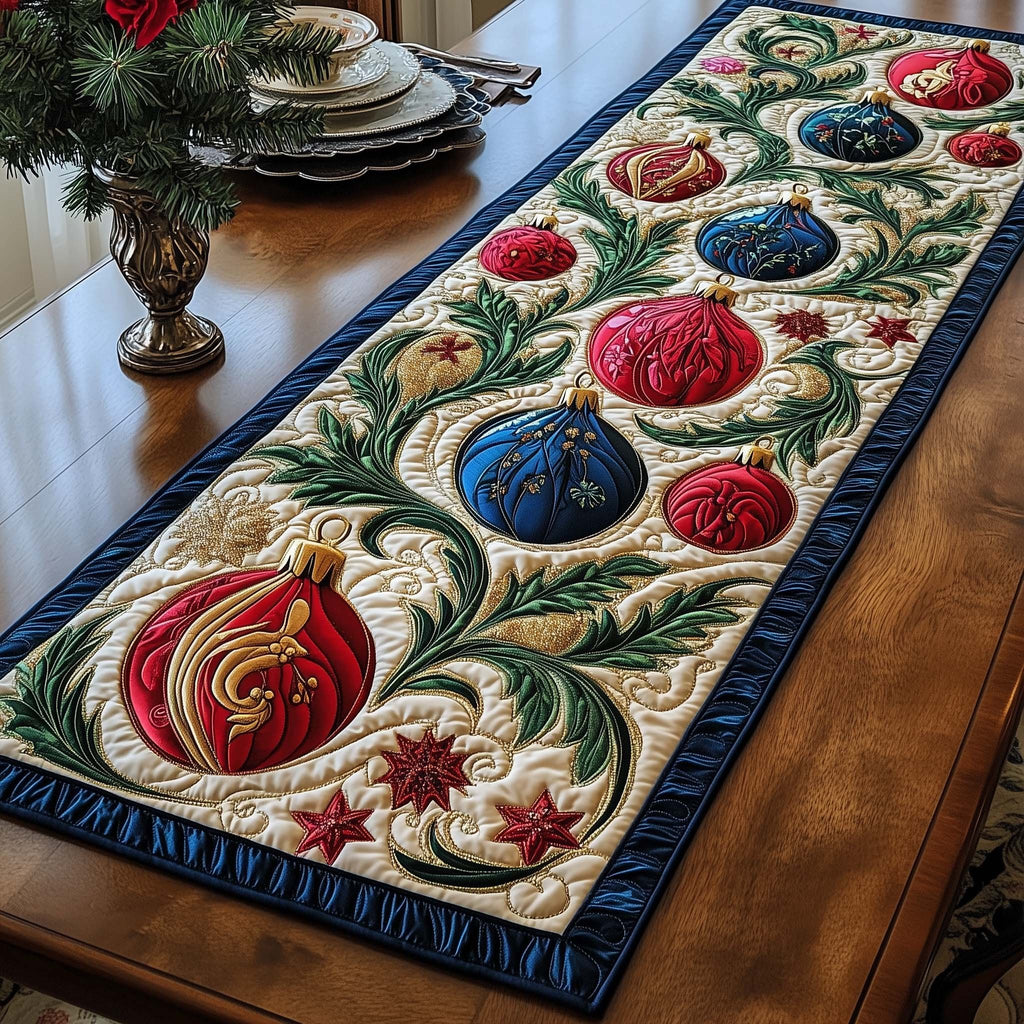 Ornaments with Green Leaf Border Table Runner