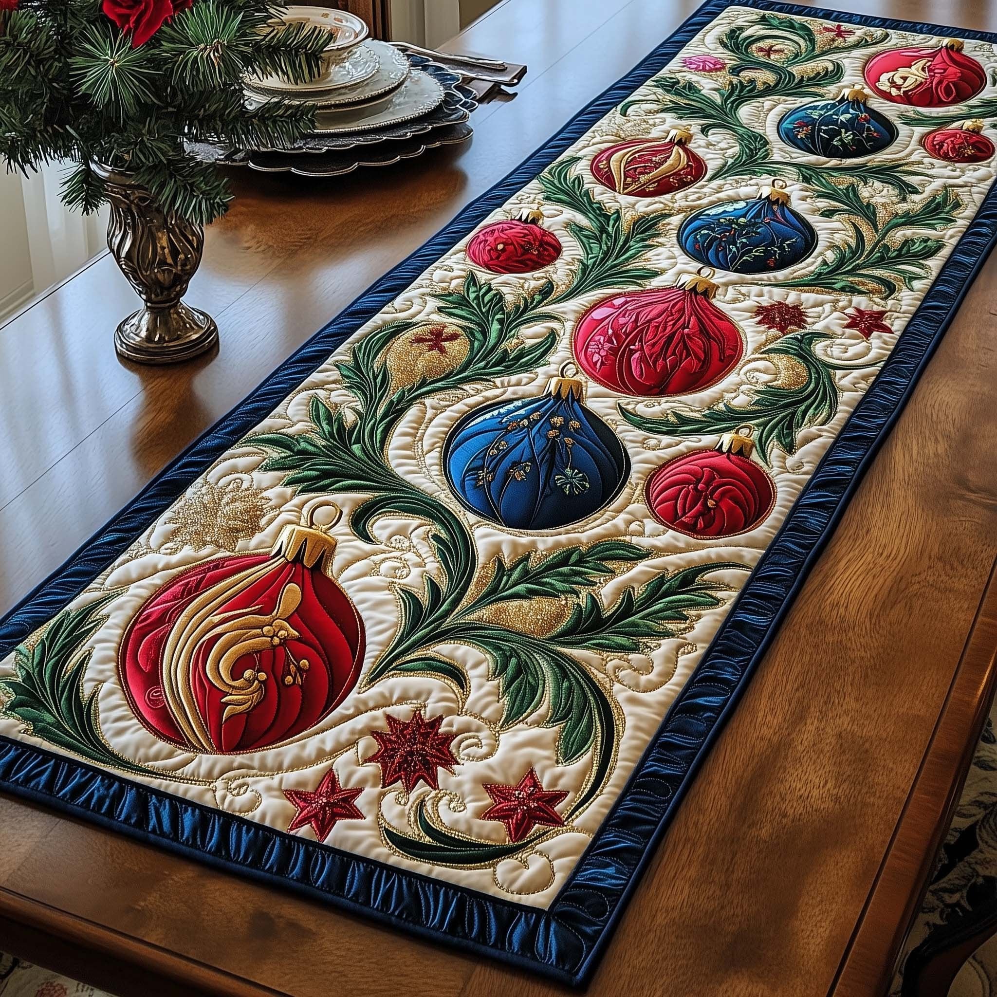 Ornaments with Green Leaf Border Table Runner