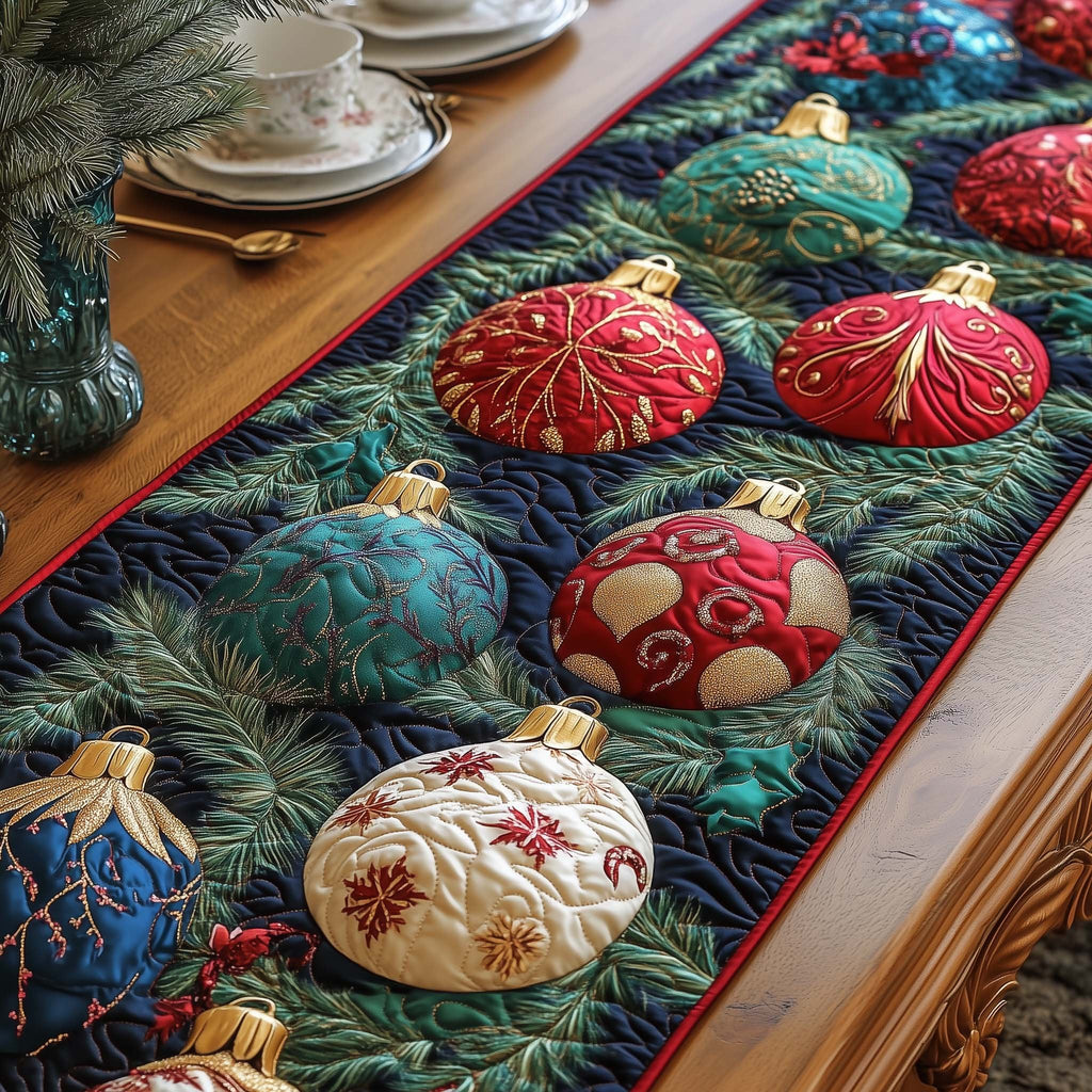 Teal and Red Ornaments on Pine Table Runner