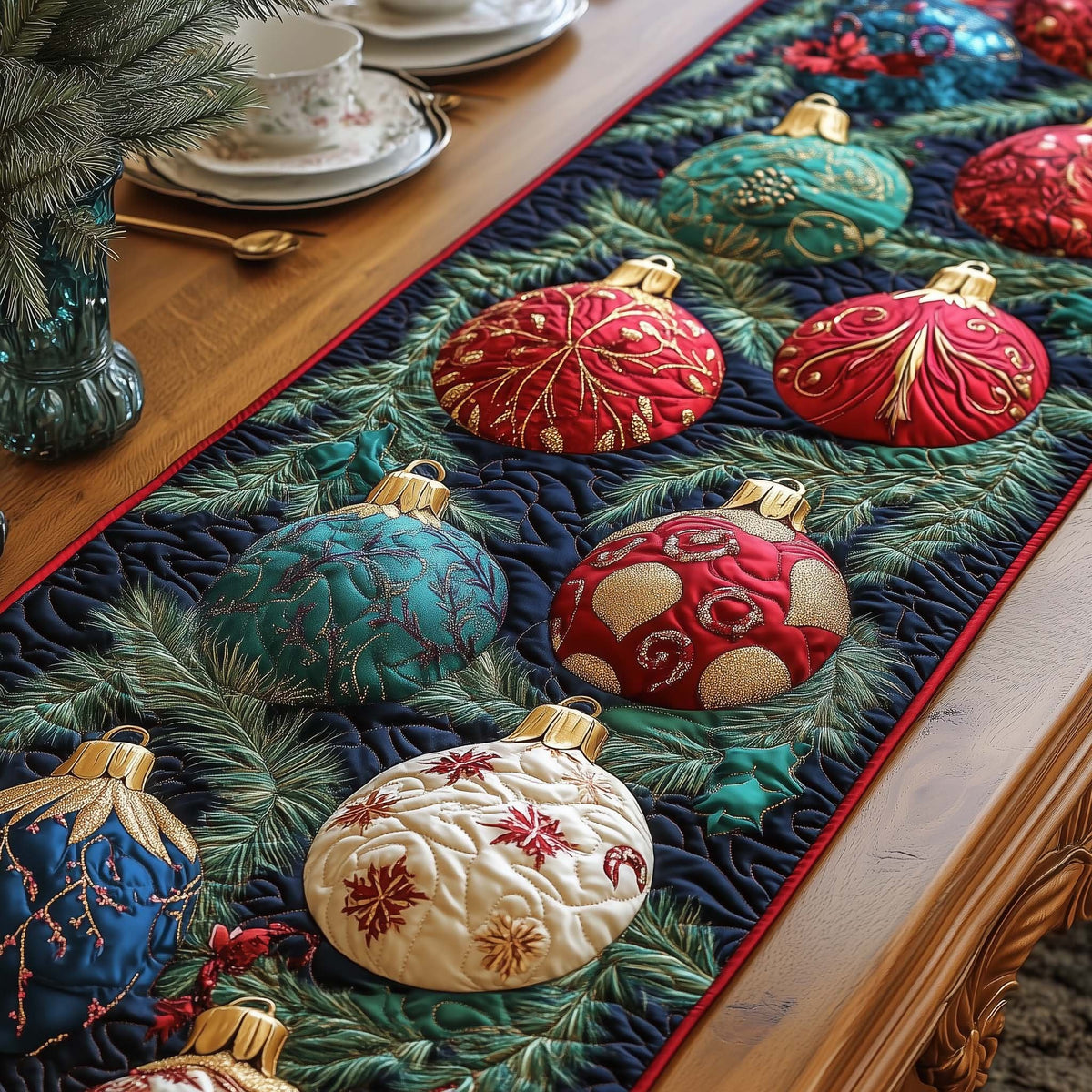 Teal and Red Ornaments on Pine Table Runner