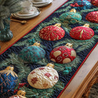 Teal and Red Ornaments on Pine Table Runner