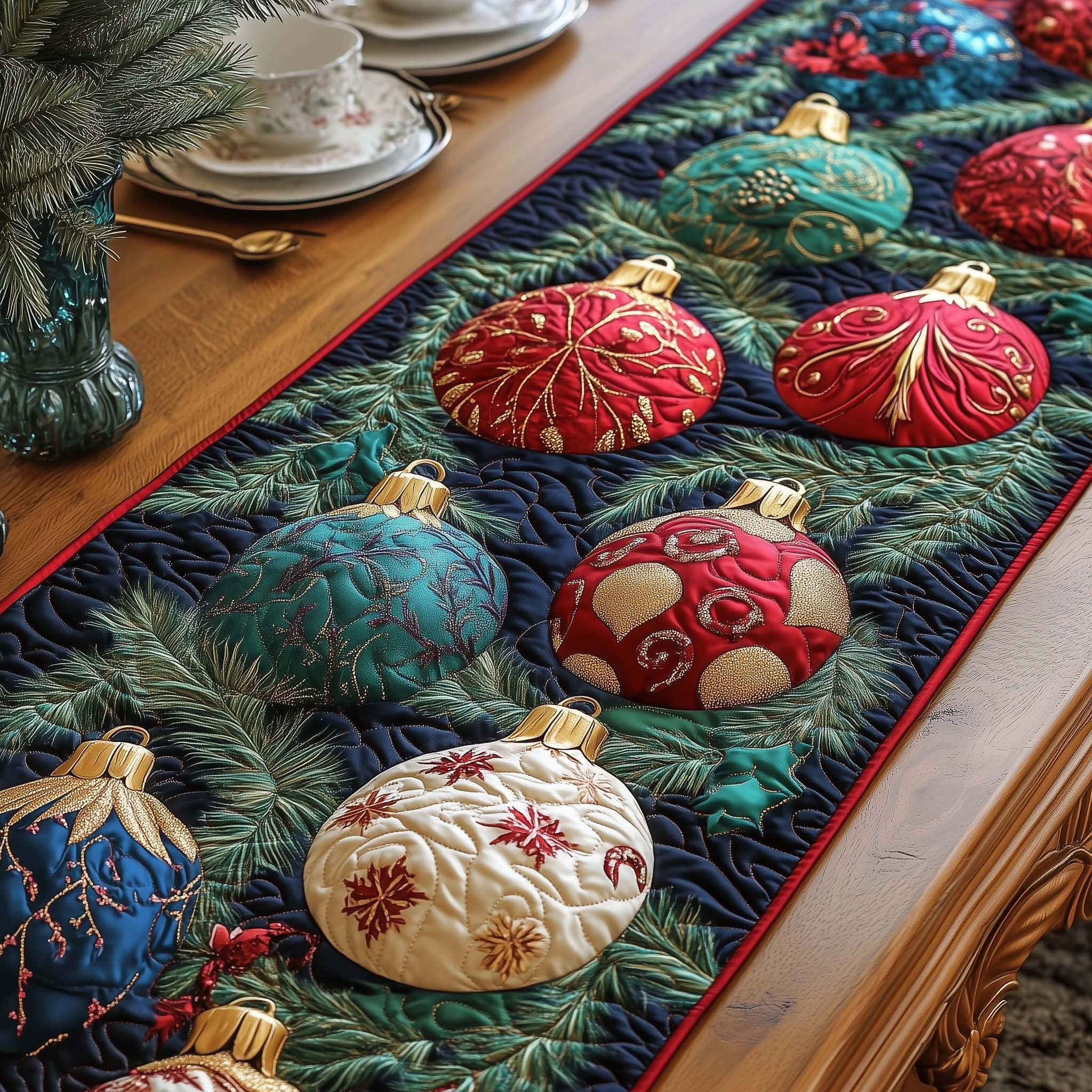 Teal and Red Ornaments on Pine Table Runner