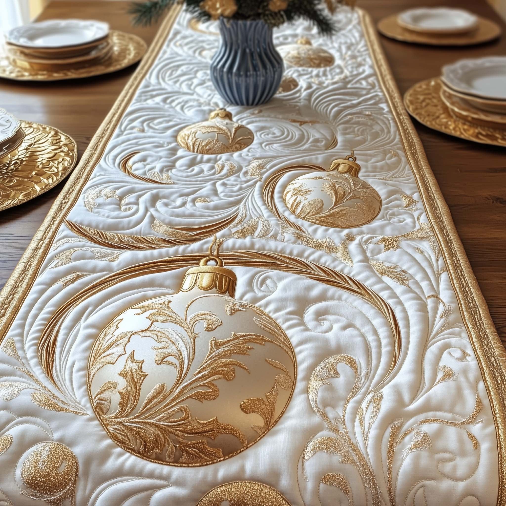 White Quilted Ornament Panel Table Runner