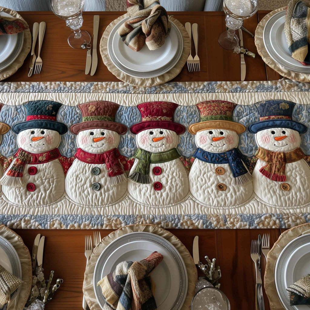 Row of Snowmen in Hats Table Runner