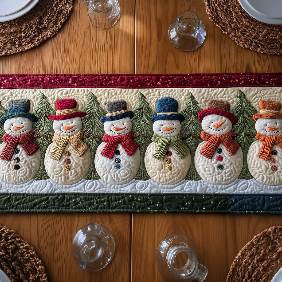Snowmen with Top Hats and Scarves Table Runner