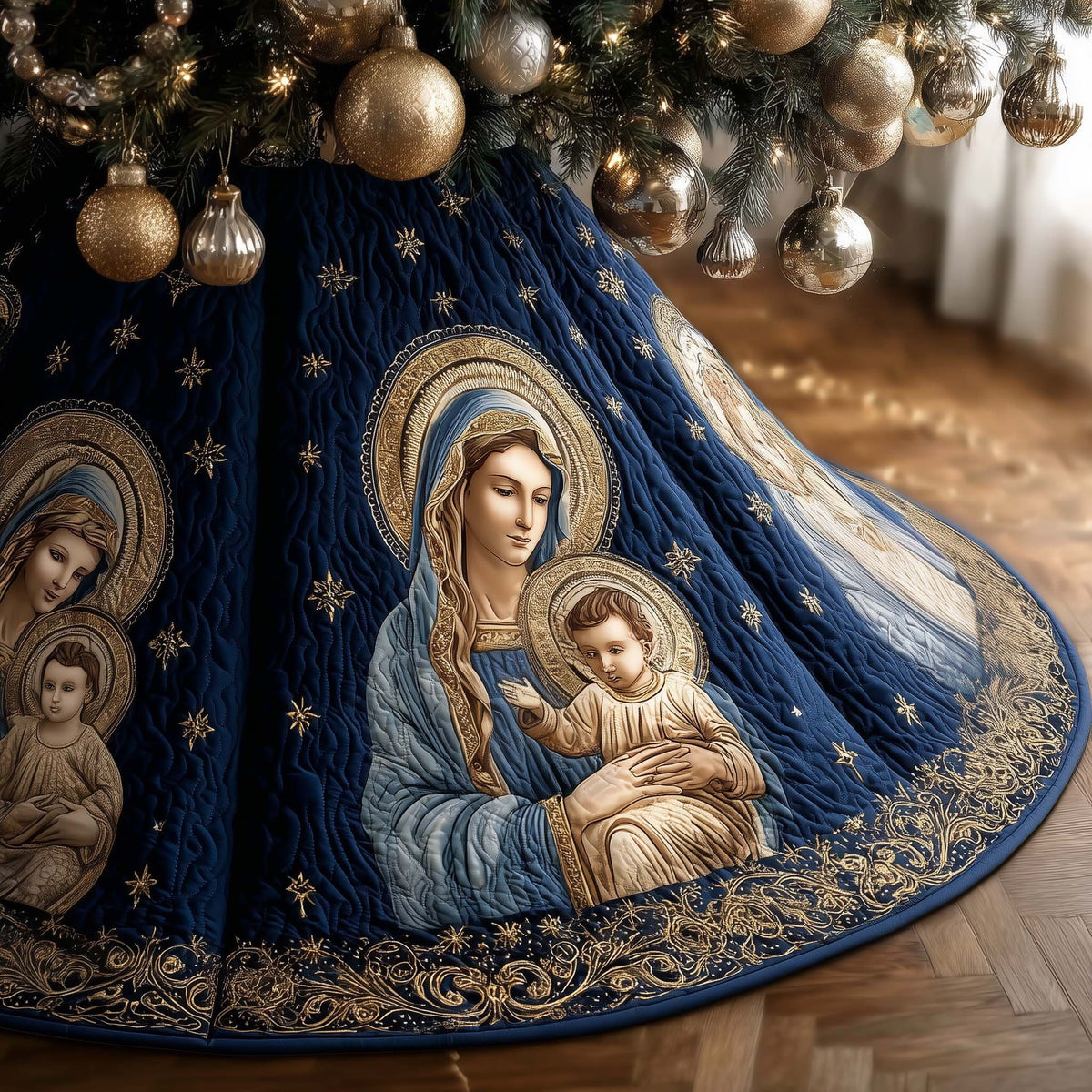 Madonna and Child on Starry Navy Christmas Tree Skirt