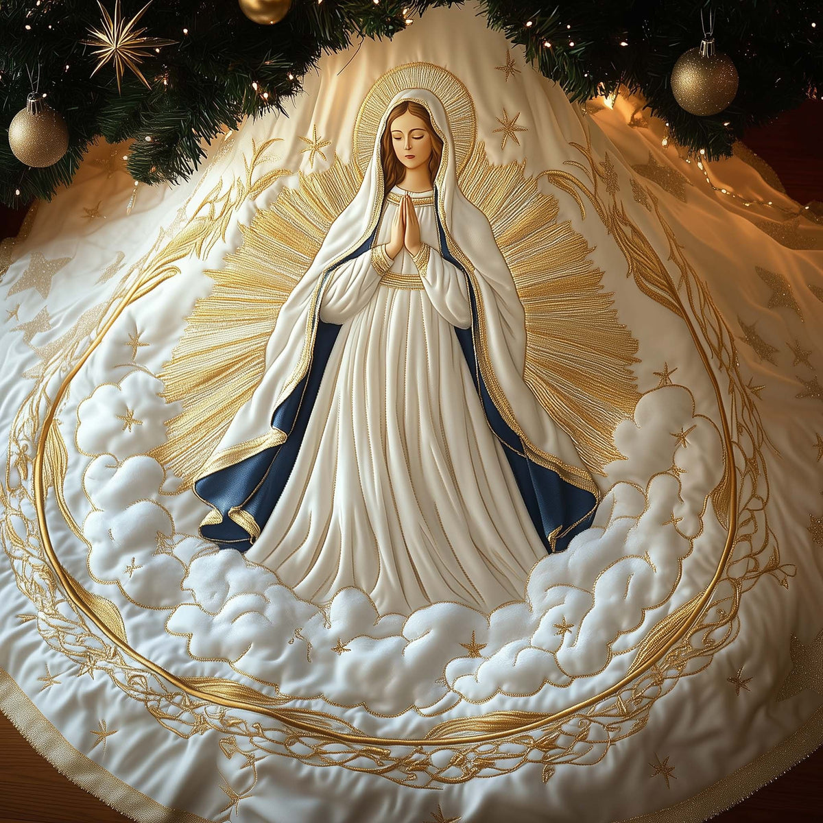 Praying Figure in White Robes on Clouds Christmas Tree Skirt