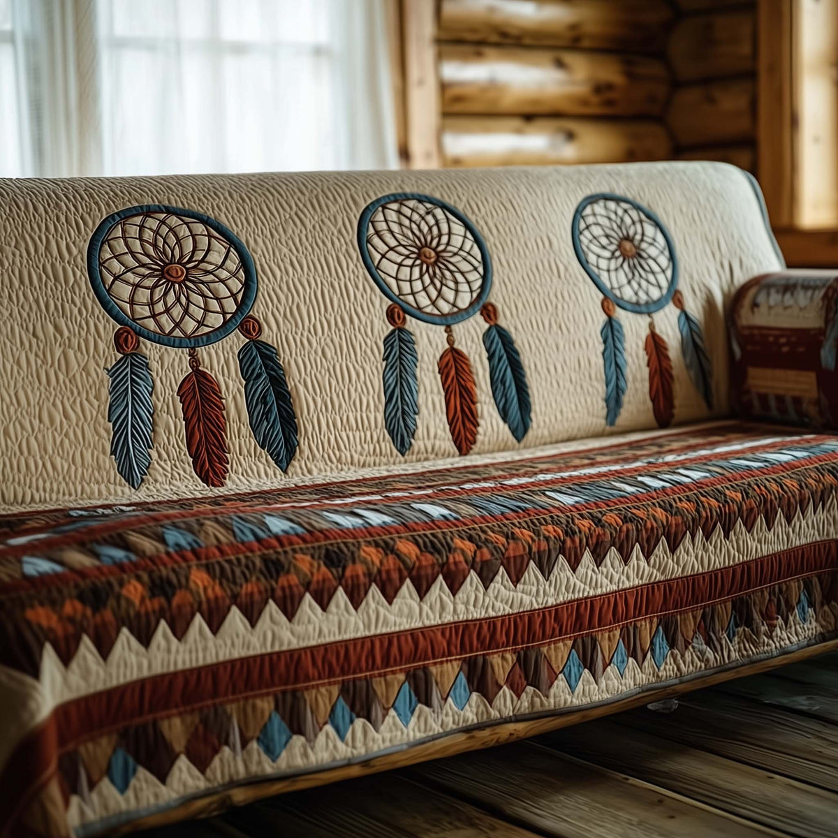 Dreamcatchers and Feathers on Ivory Sofa Cover