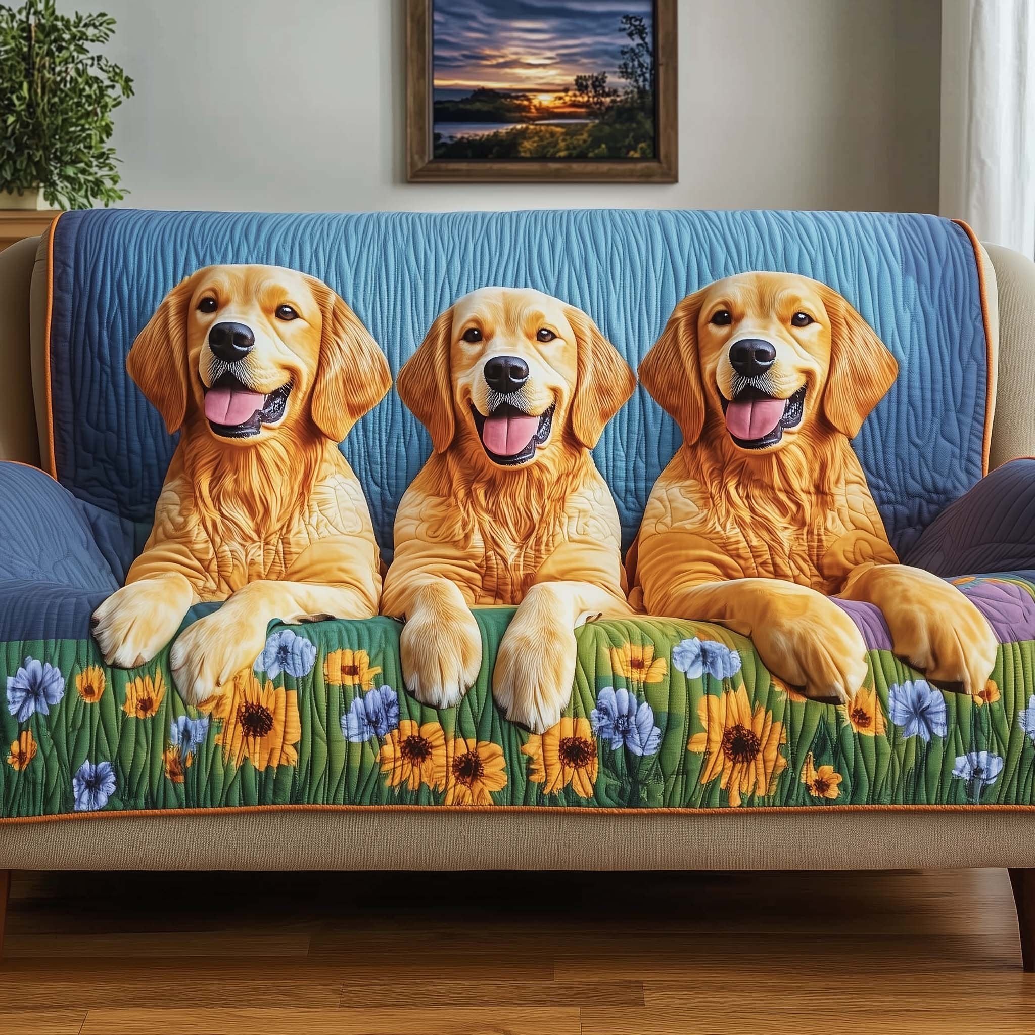 Golden Retrievers in the Sunflower Meadow Sofa Cover