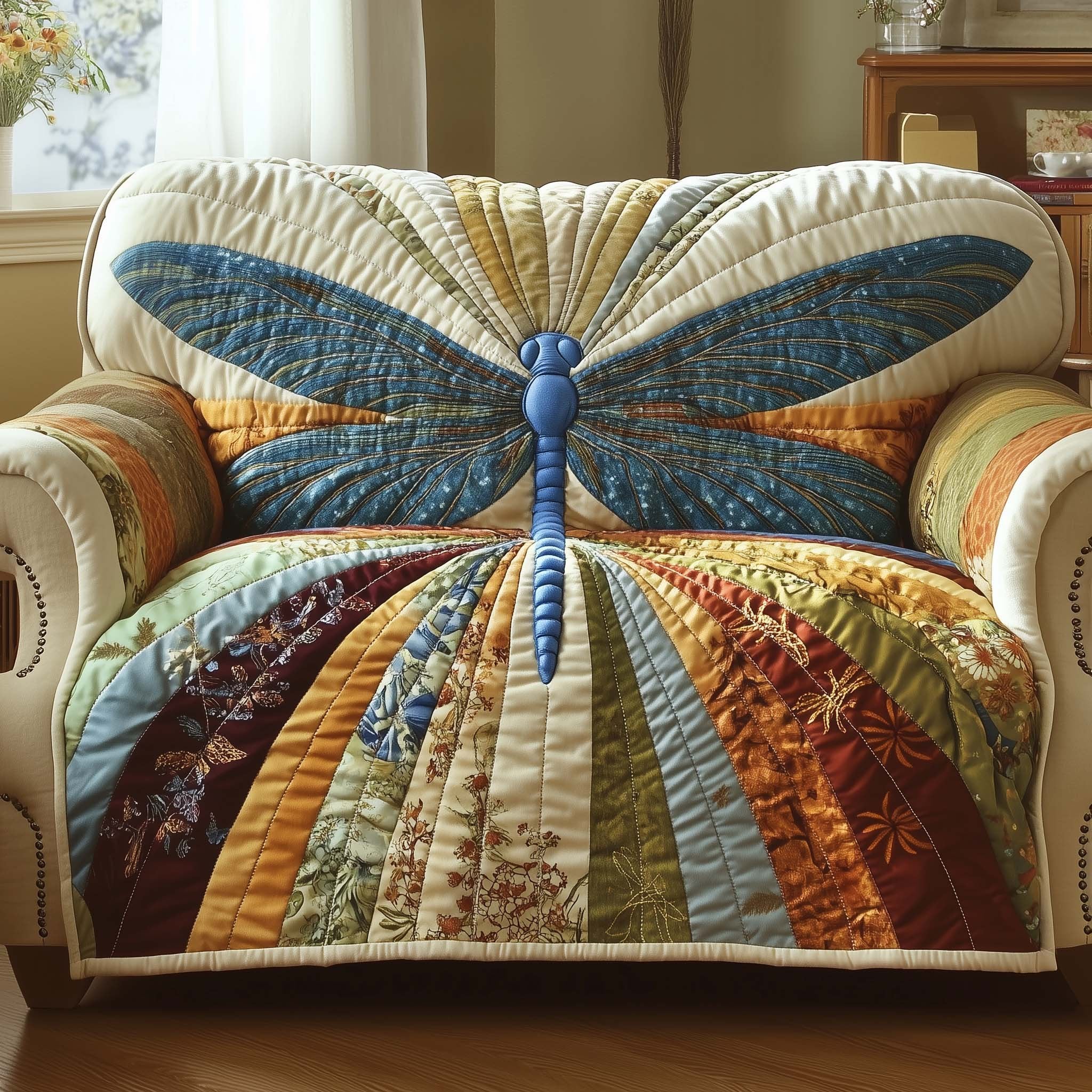 Dragonfly on the Rainbow Fan Quilt Sofa Cover