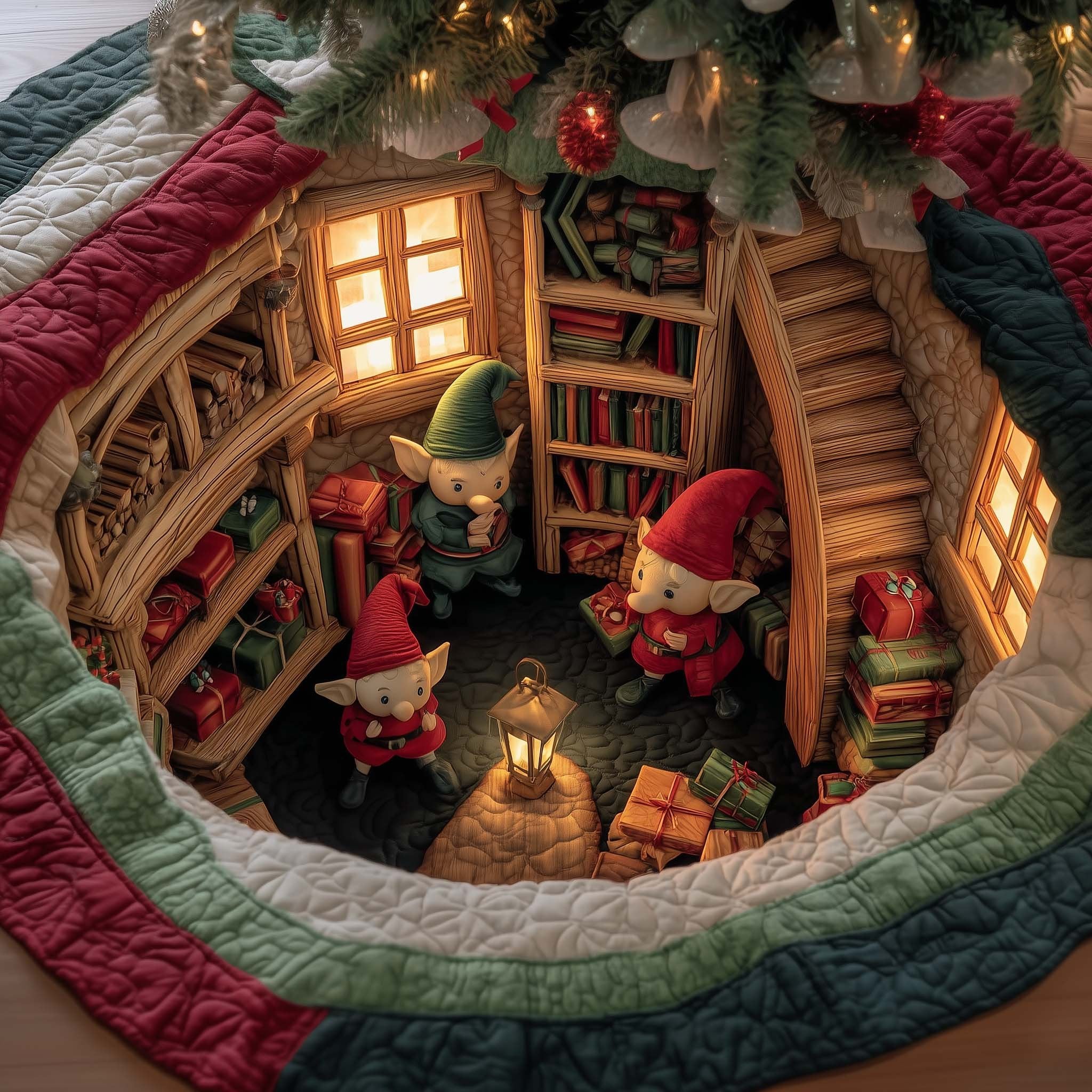 Gnomes in the Library Workshop Christmas Tree Skirt