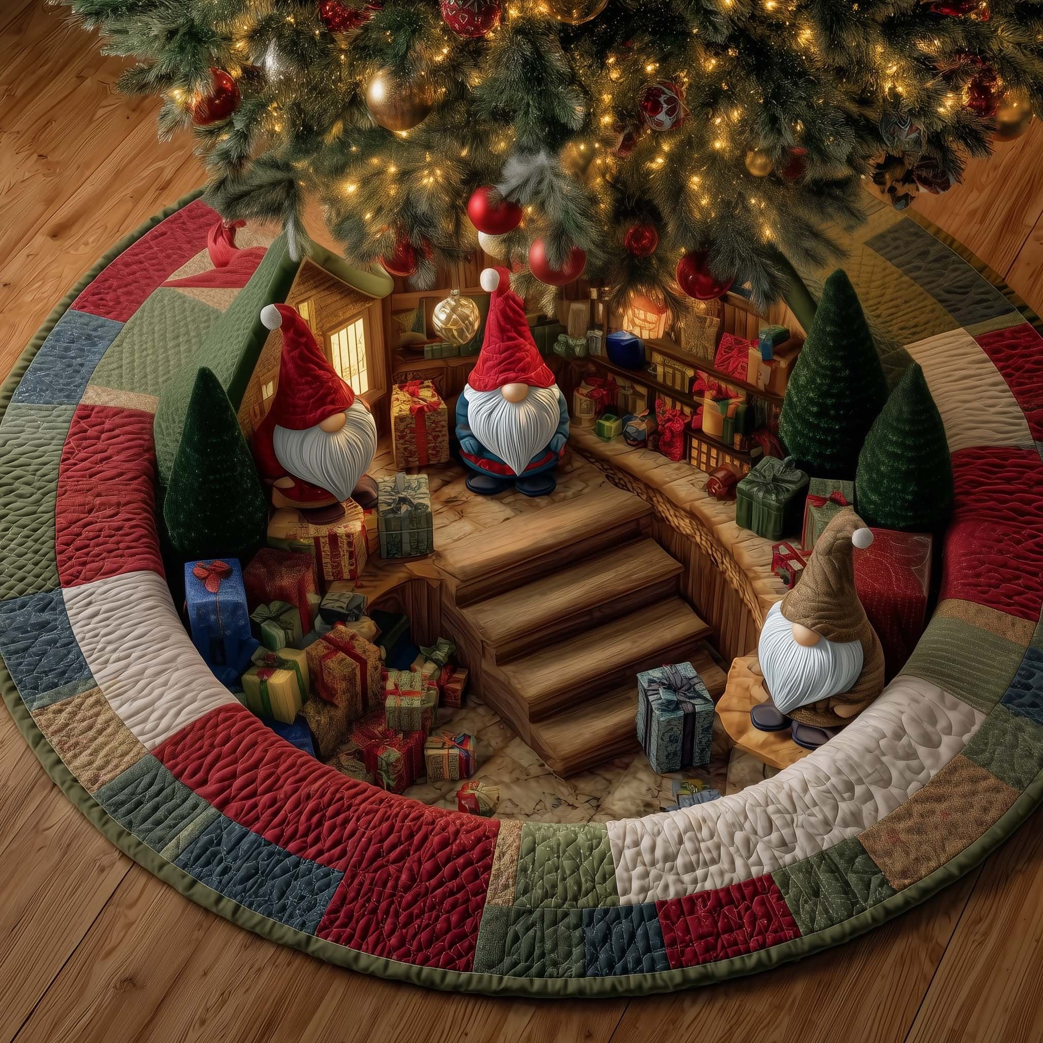 Gnomes on the Workshop Stair Christmas Tree Skirt