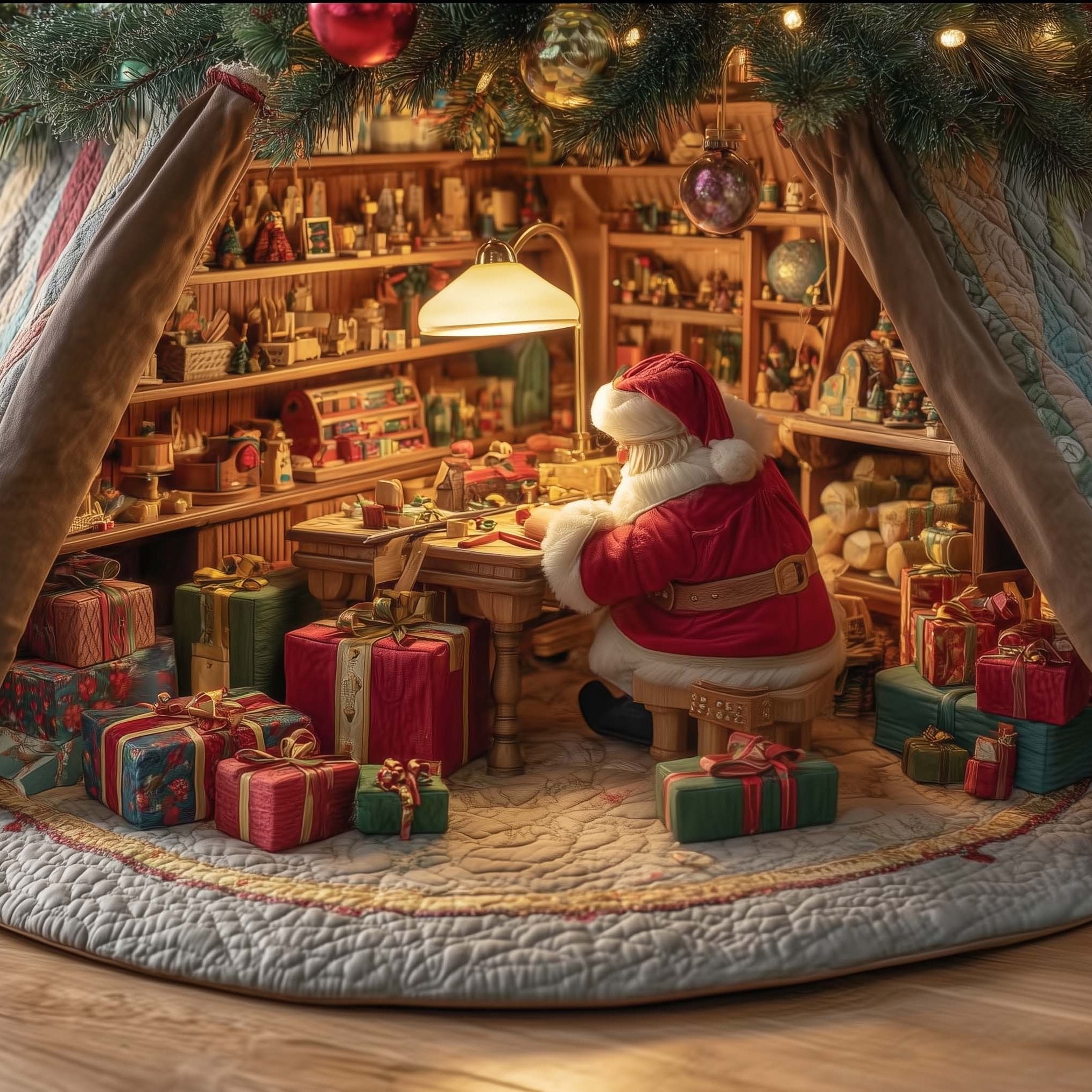 Santa at the Attic Toy Bench Christmas Tree Skirt