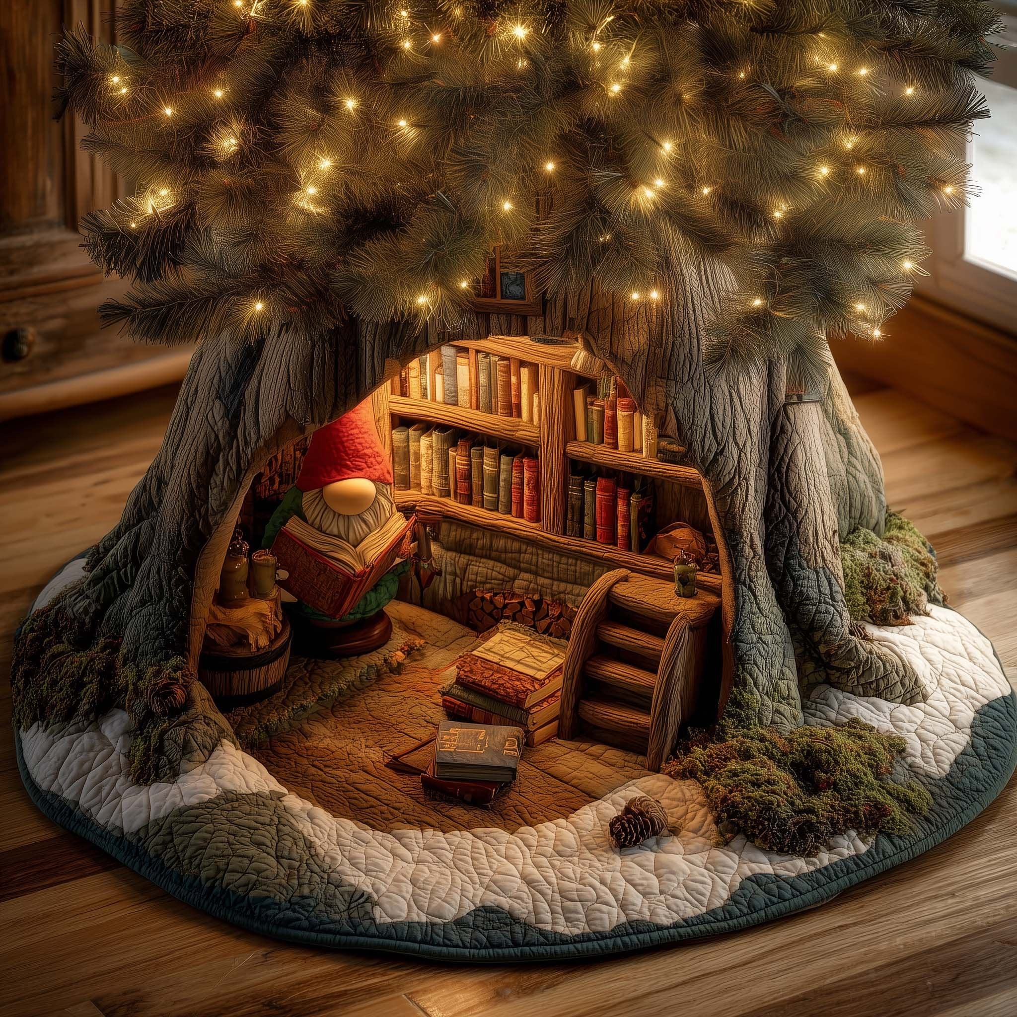 Library Inside the Tree Trunk Christmas Tree Skirt