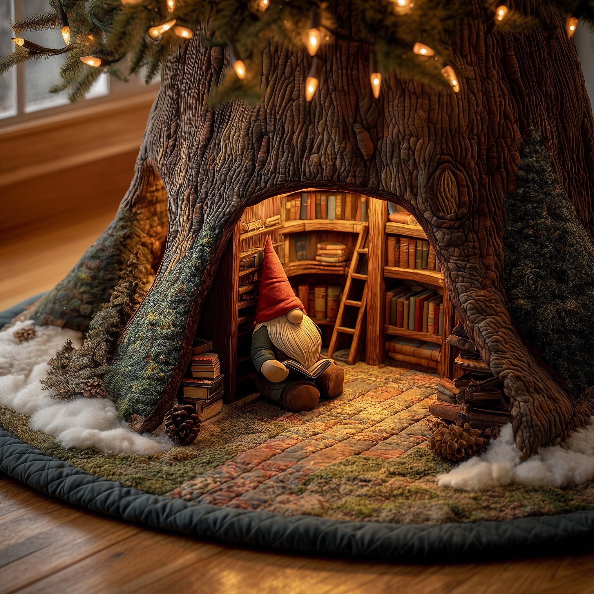 Gnome in the Tree Library Christmas Tree Skirt