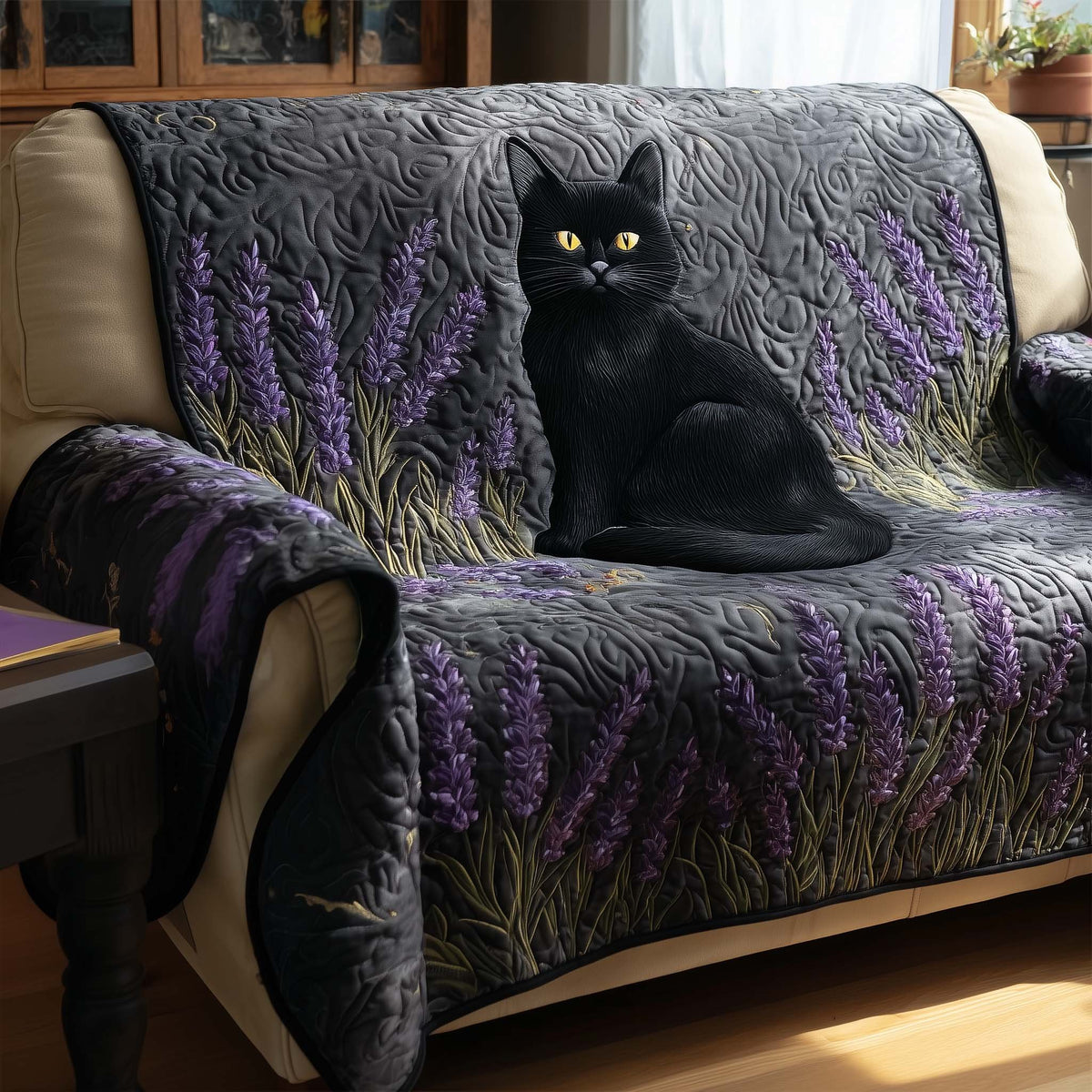 Black Cat Resting in the Lavender Field Sofa Cover