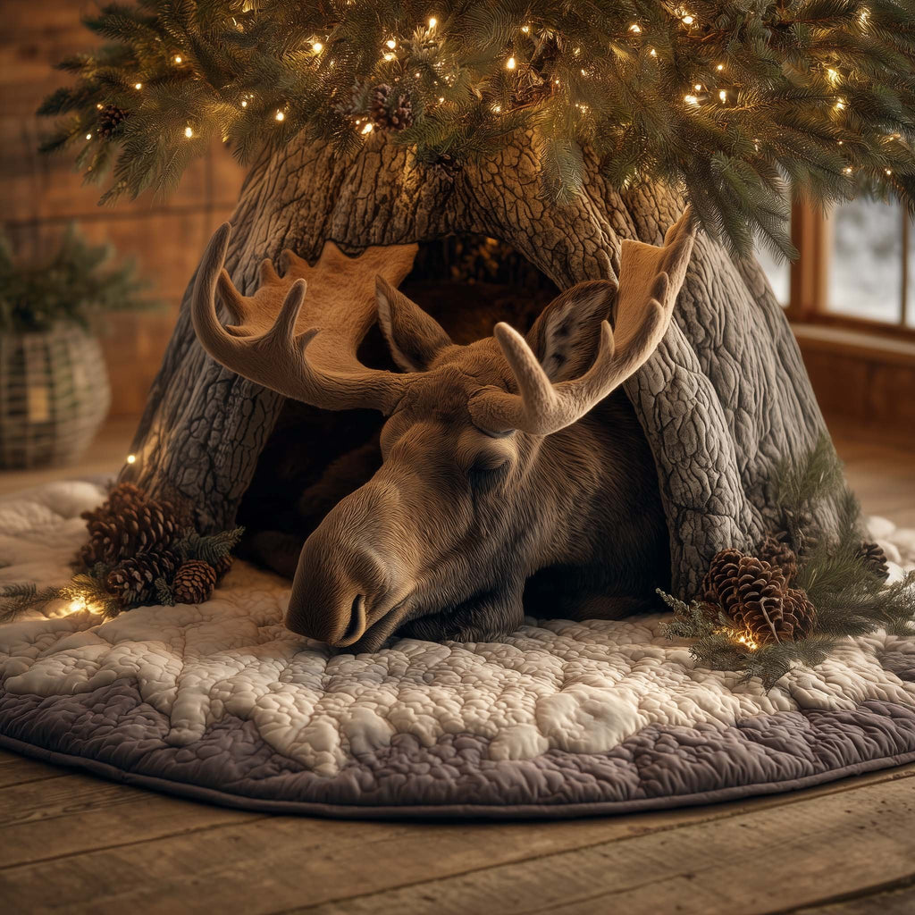 Moose Resting in a Snowy Log Christmas Tree Skirt