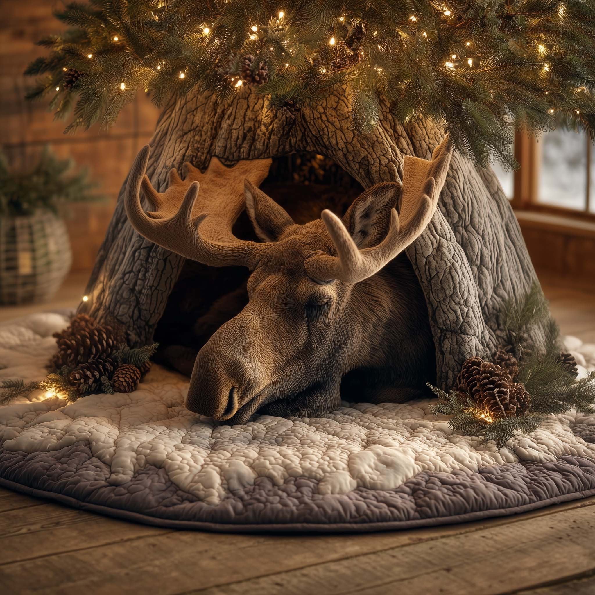 Moose Resting in a Snowy Log Christmas Tree Skirt