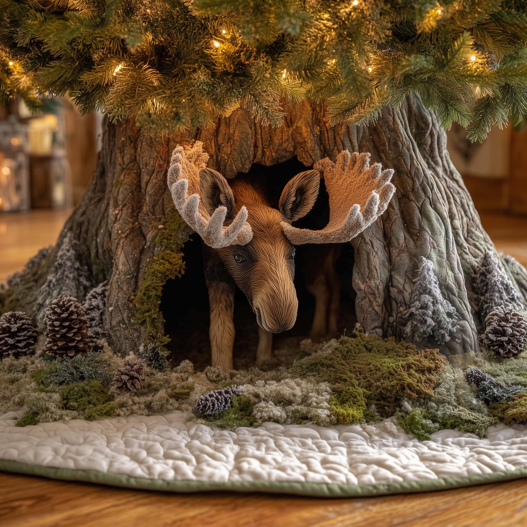 Moose in a Mossy Tree Hollow Christmas Tree Skirt