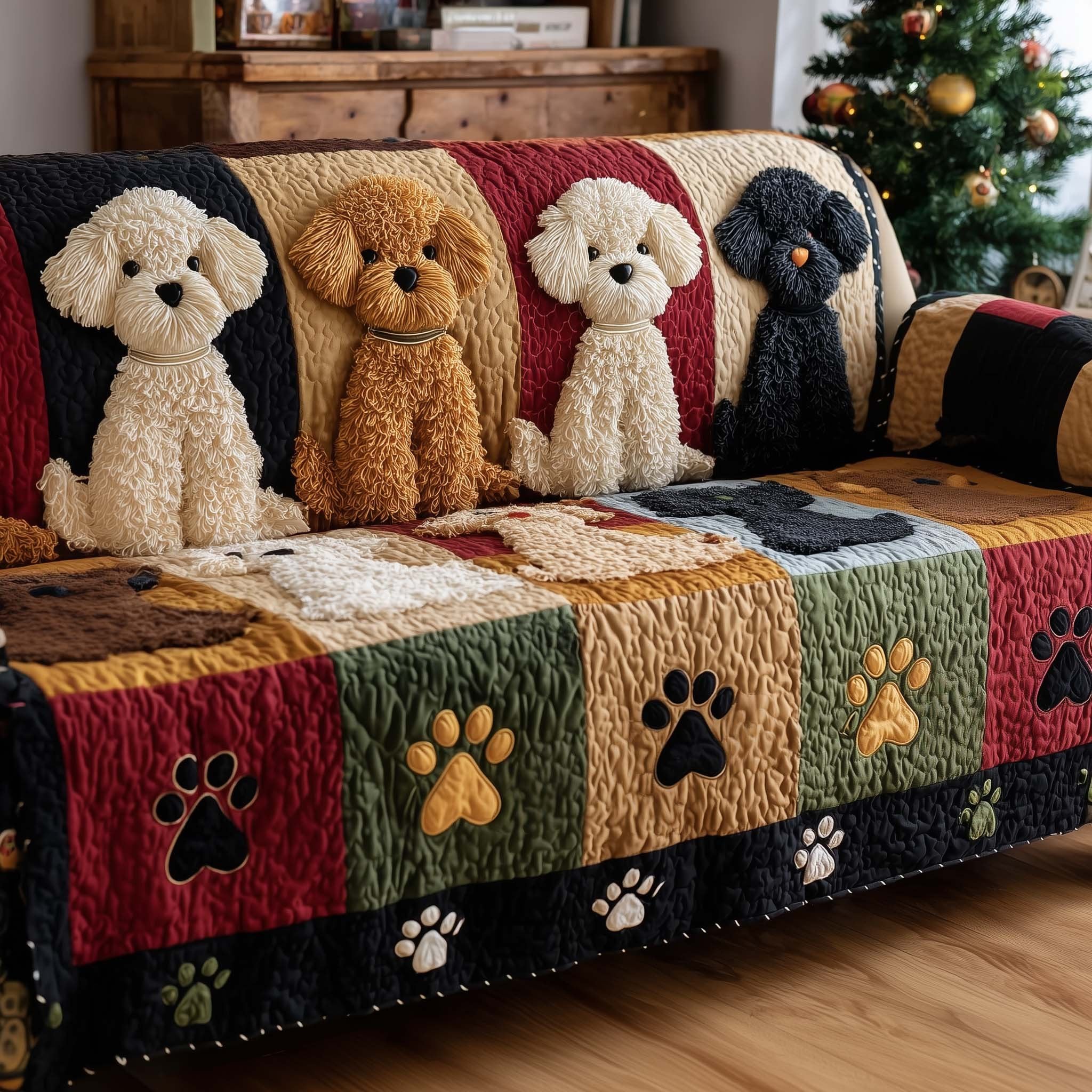 Poodles Above the Paw Print Squares Sofa Cover