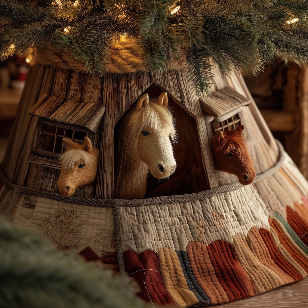 Horses Peeking from the Wooden Barn Christmas Tree Skirt