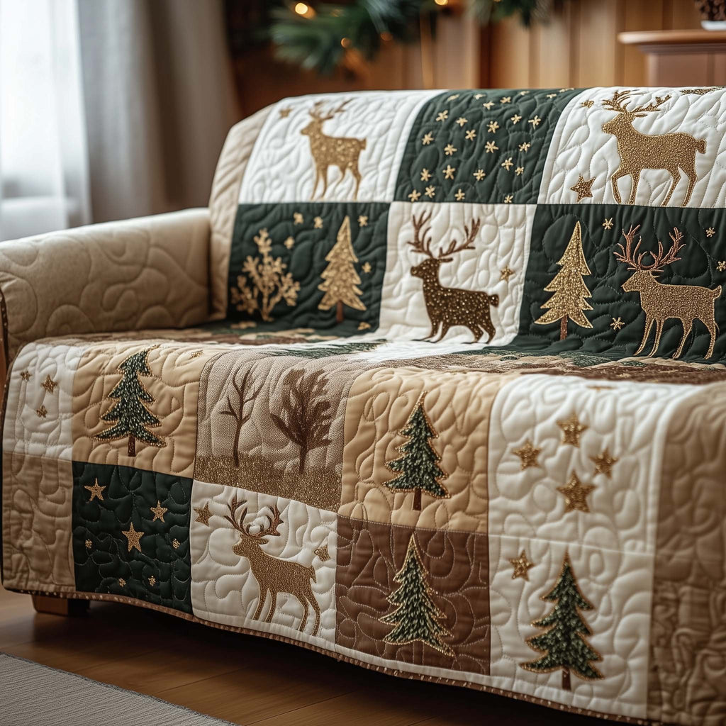 Deer and Pine Blocks in Green and Tan Sofa Cover