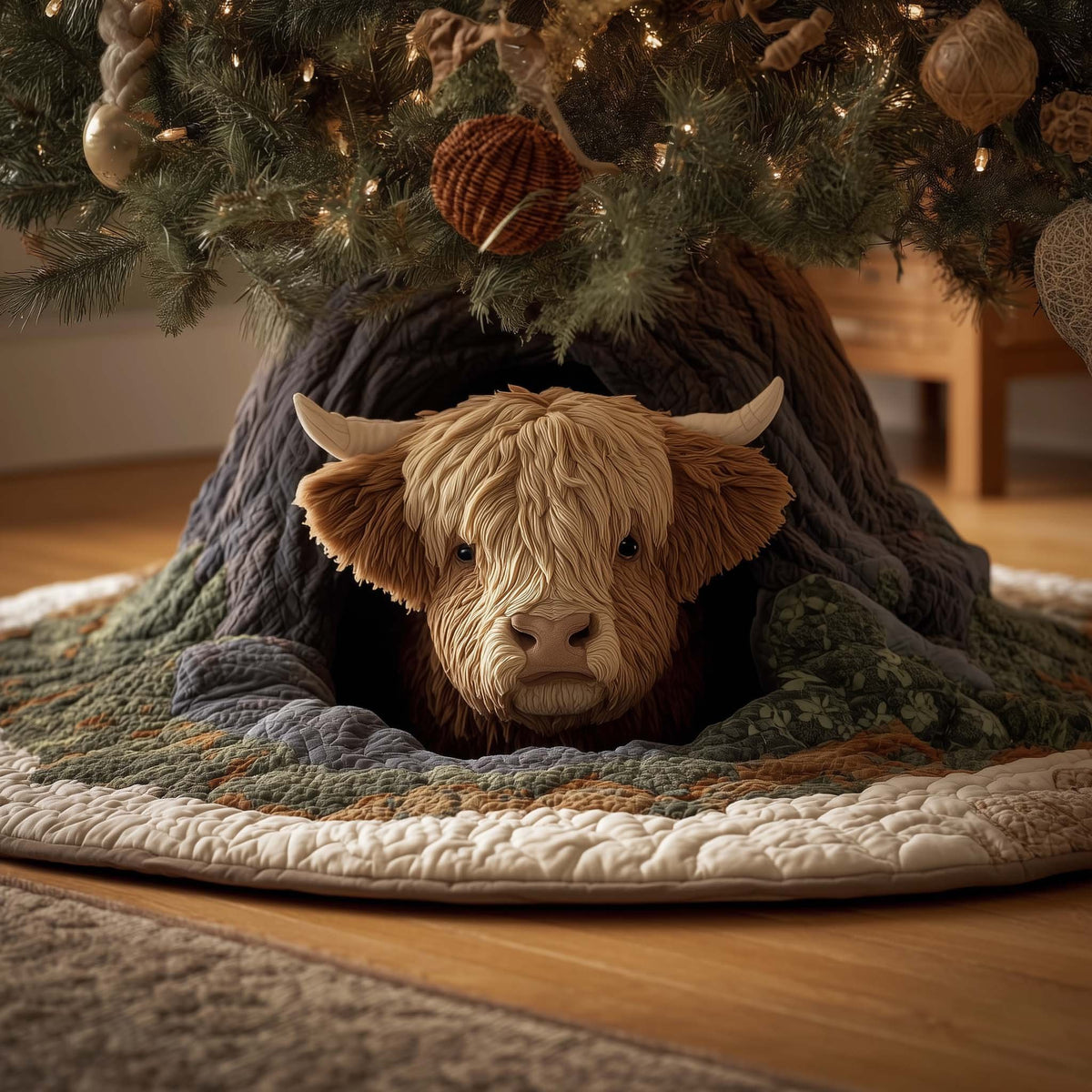 Highland Cow Peeking from the Hollow Christmas Tree Skirt
