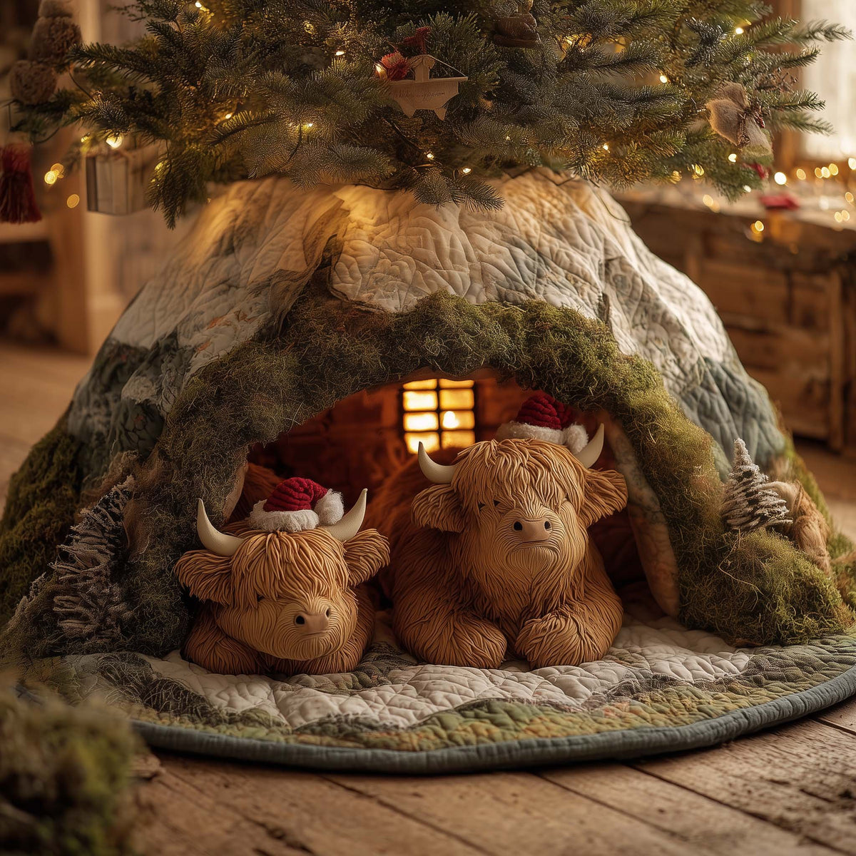 Highland Calves in Santa Hats Christmas Tree Skirt