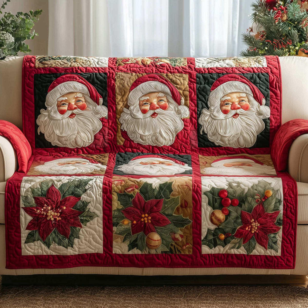 Santa Faces in Red Poinsettia Blocks Sofa Cover