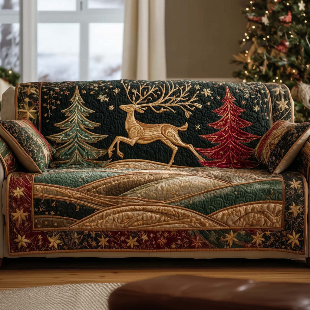 Golden Reindeer on Green and Red Sofa Cover