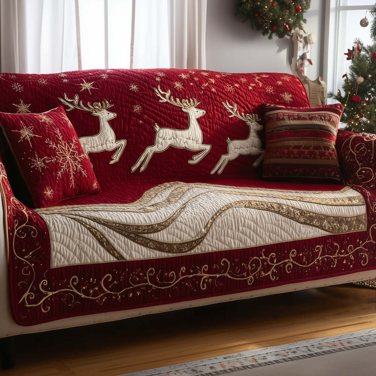 White Reindeer Leaping Across Crimson Sofa Cover
