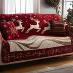 White Reindeer Leaping Across Crimson Sofa Cover