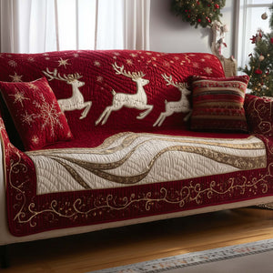 White Reindeer Leaping Across Crimson Sofa Cover - Made to Order