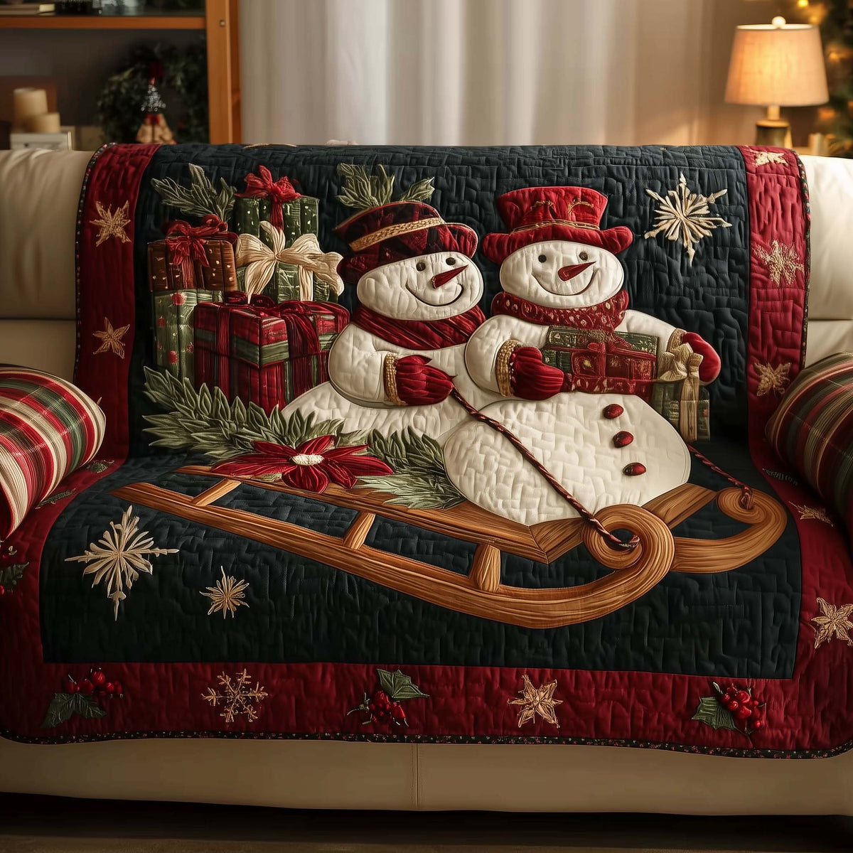 Snowman on the Wooden Sled Sofa Cover
