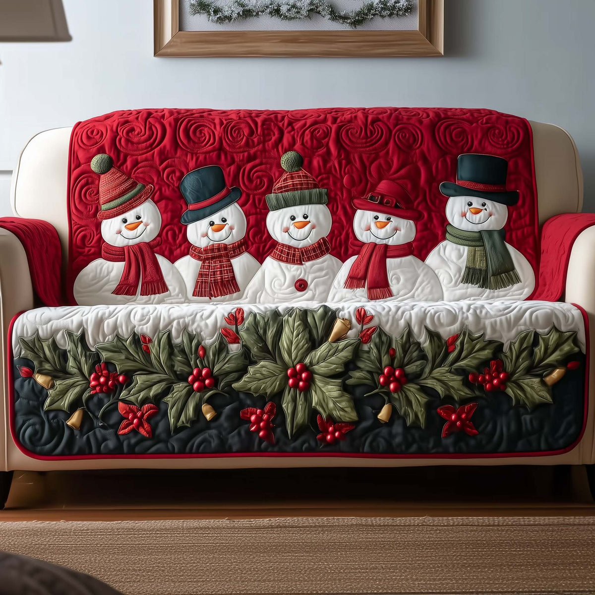 Top Hat Snowmen Over Holly and Berries Sofa Cover