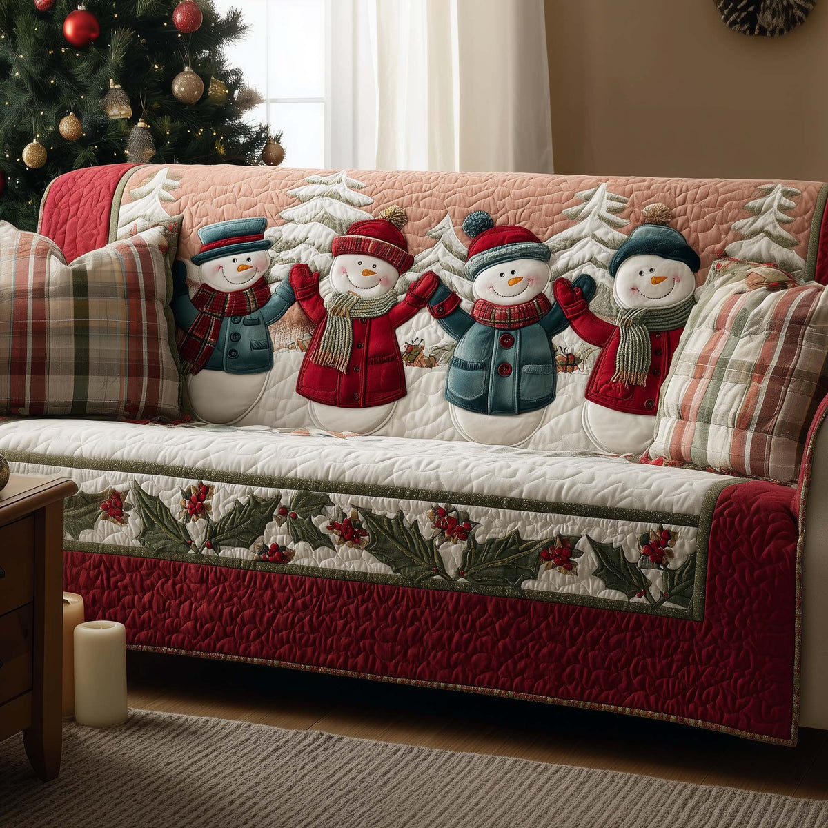Teal Coated Snowmen on a Red Band Sofa Cover