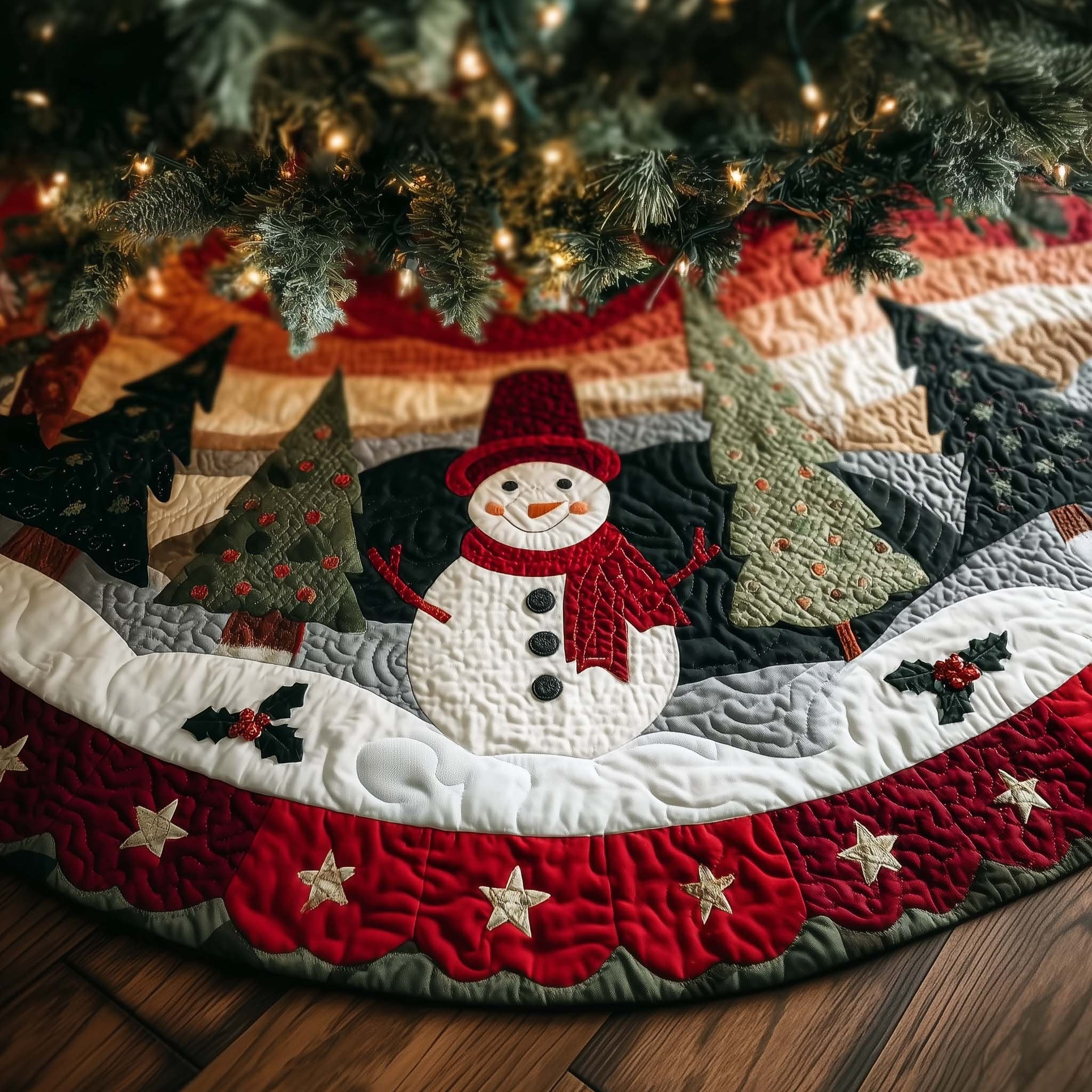 Snowman with Trees on the Star Band Christmas Tree Skirt