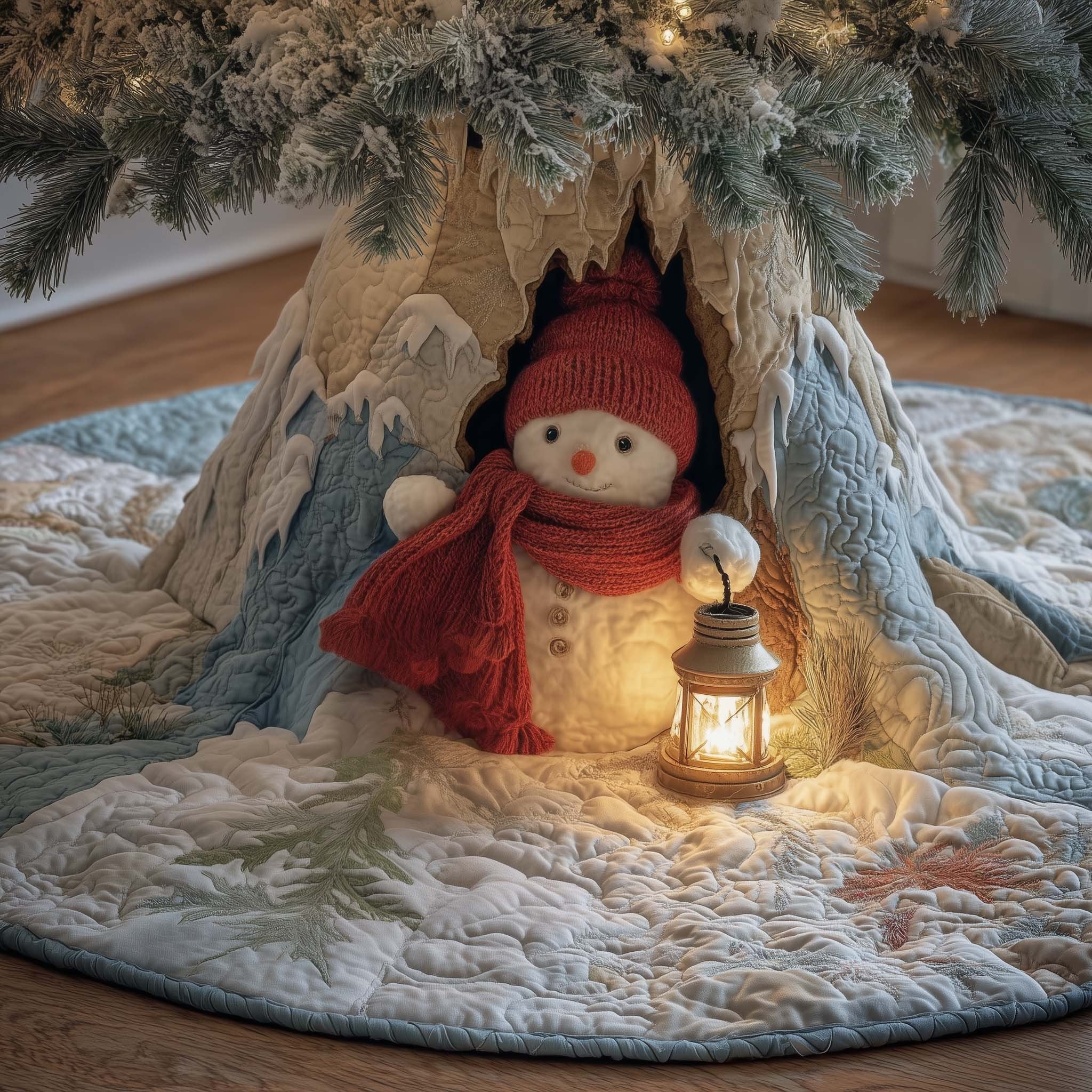 Lantern Snowman in a Red Scarf Christmas Tree Skirt