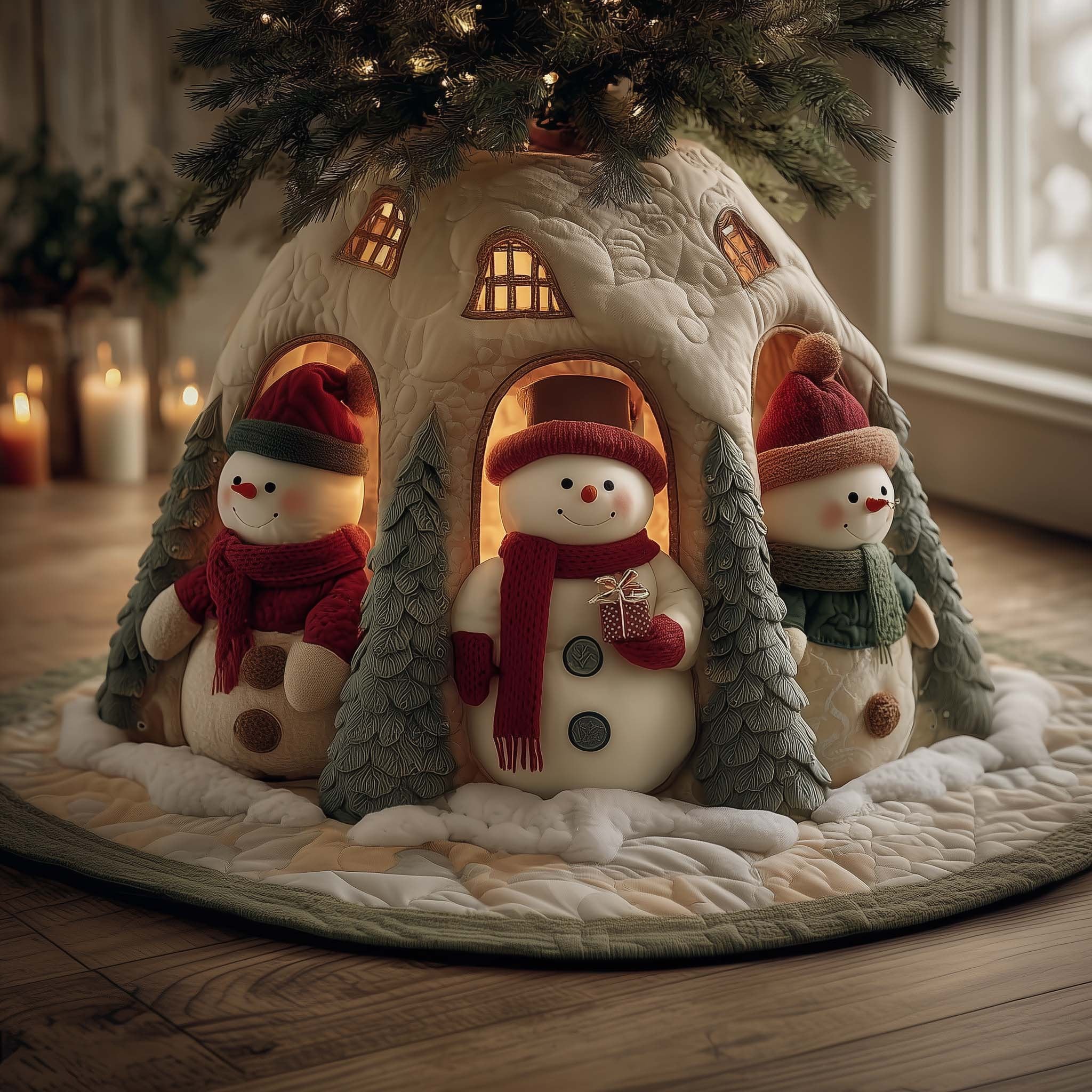Snowman House Aglow Christmas Tree Skirt
