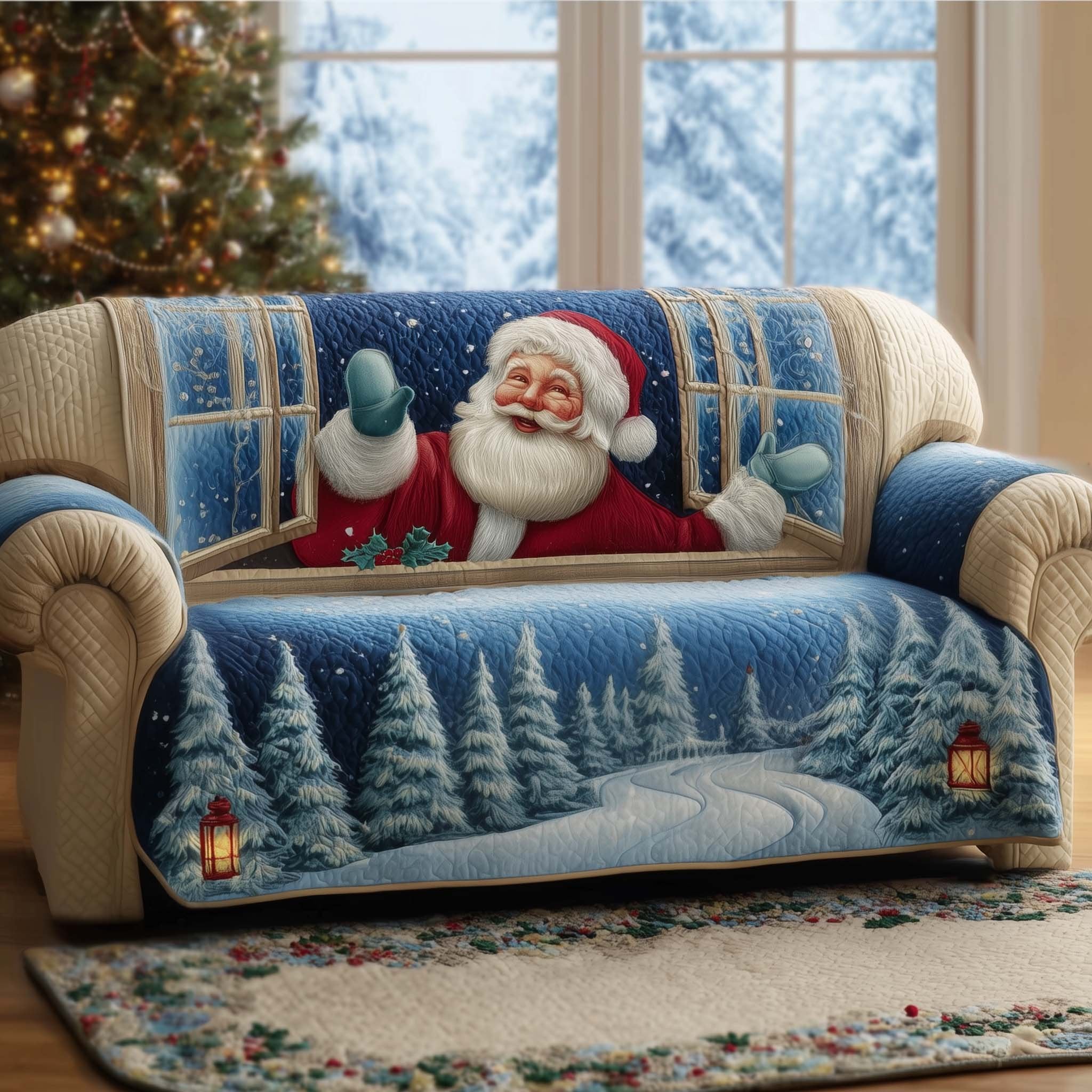 Santa at the Frosted Blue Window Sofa Cover