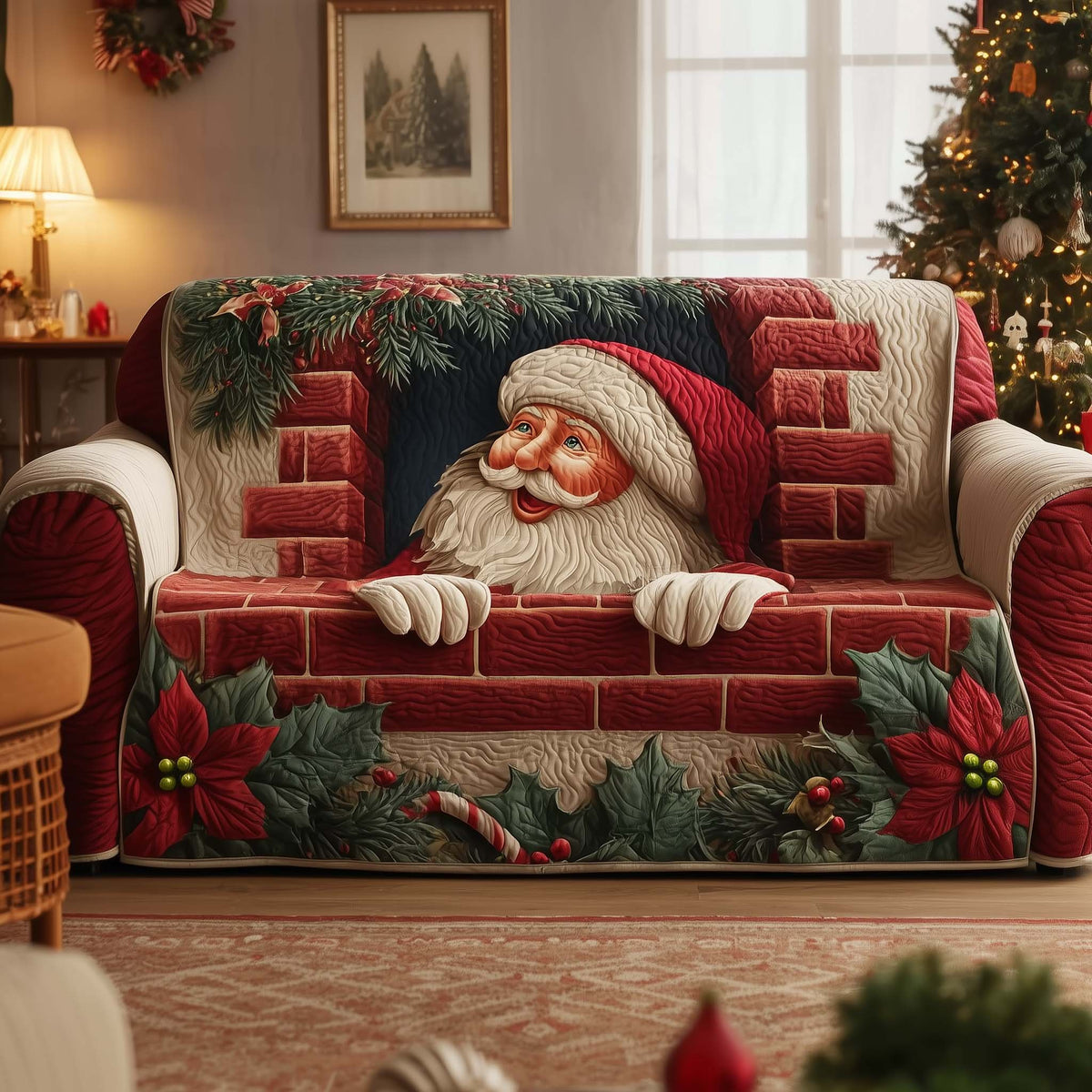 Santa Peeking Over the Brick Wall Sofa Cover