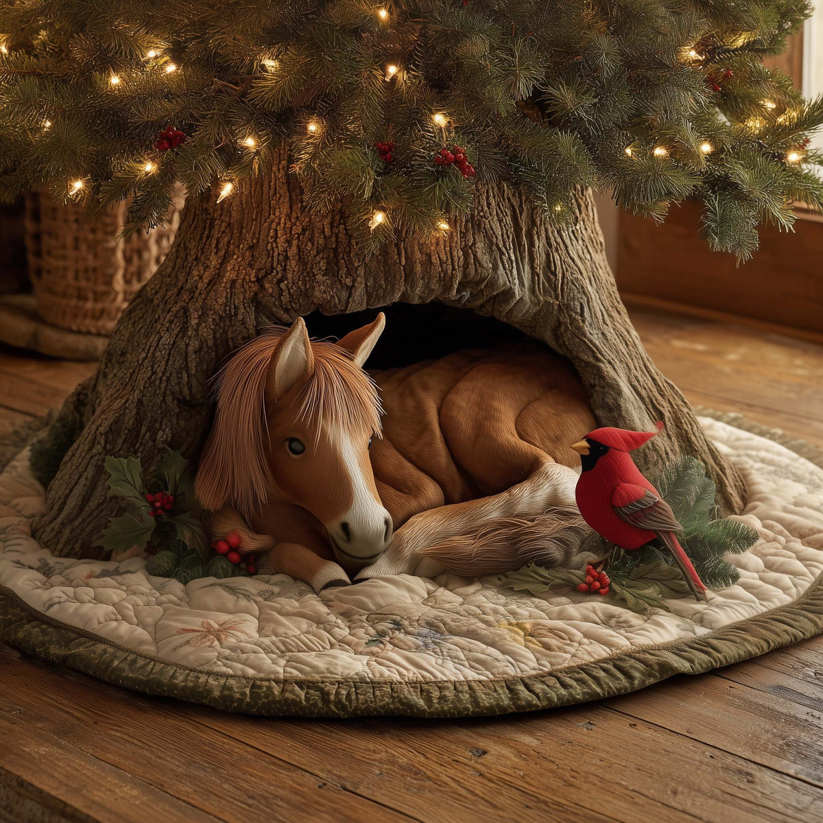 Sleeping Horse with a Cardinal Christmas Tree Skirt