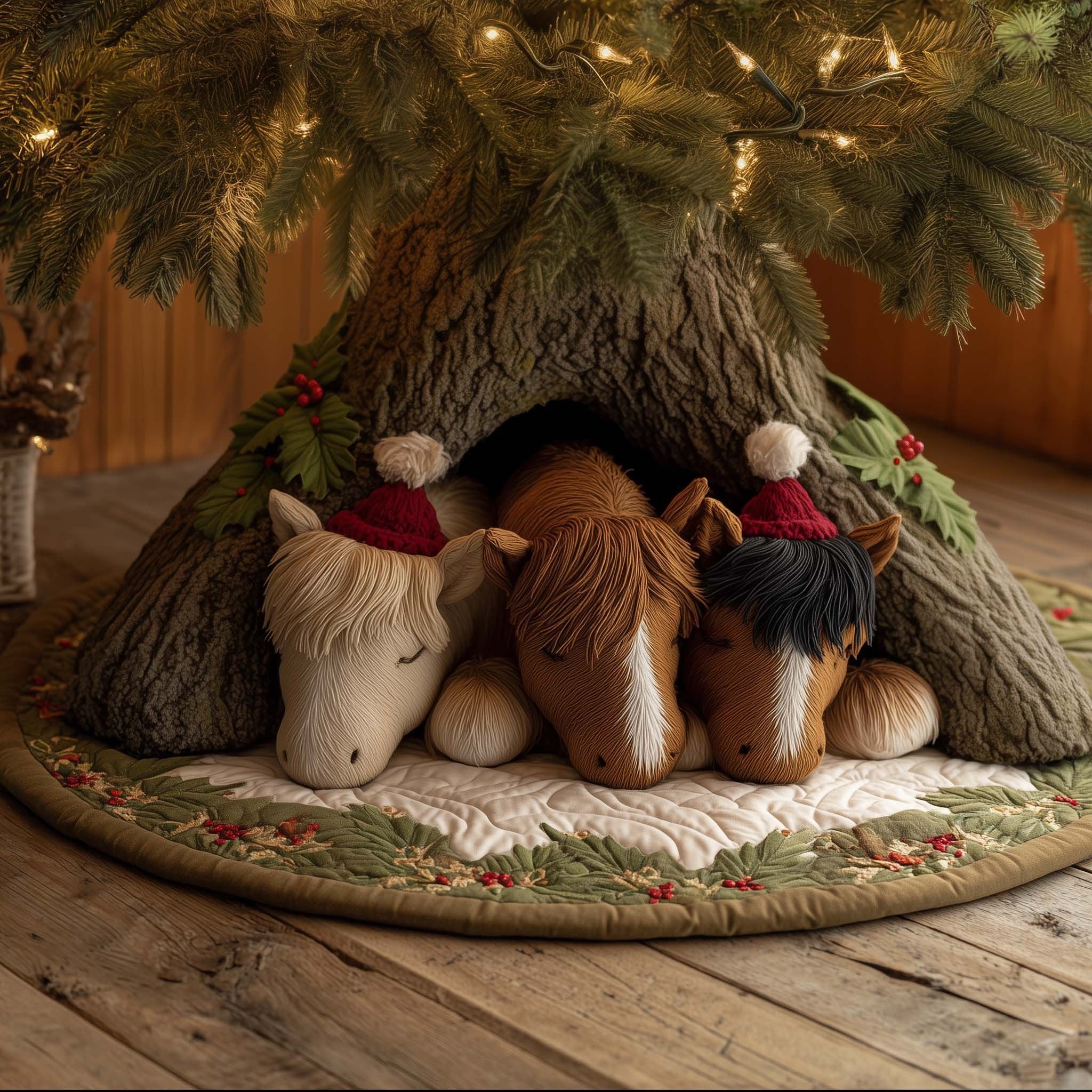 Horses in Santa Hats in the Hollow Christmas Tree Skirt