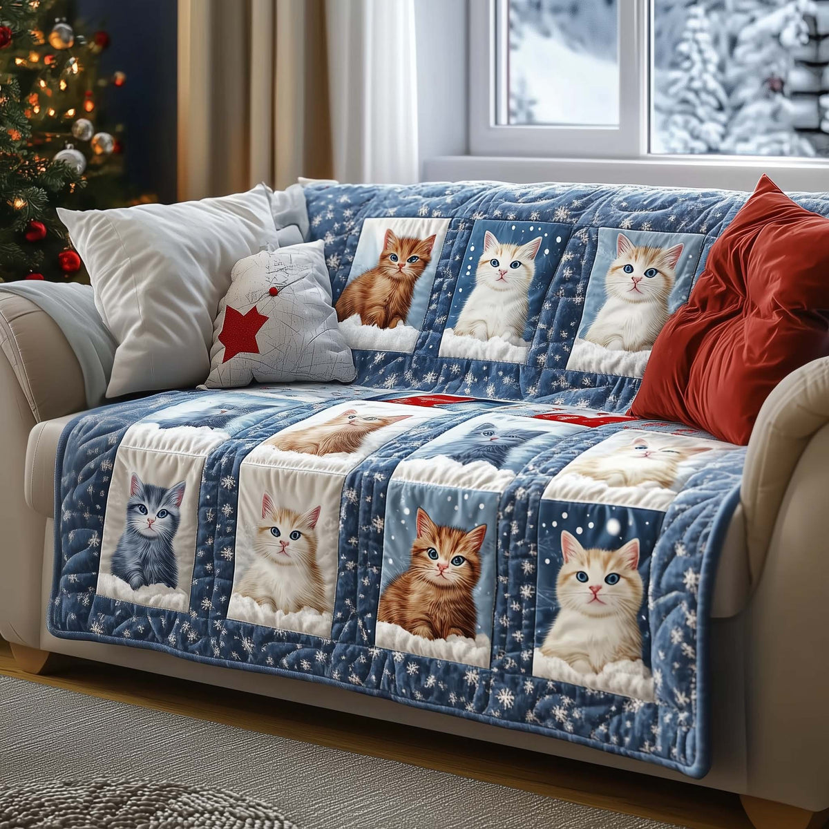 Kitten Portraits in Denim Blocks Sofa Cover