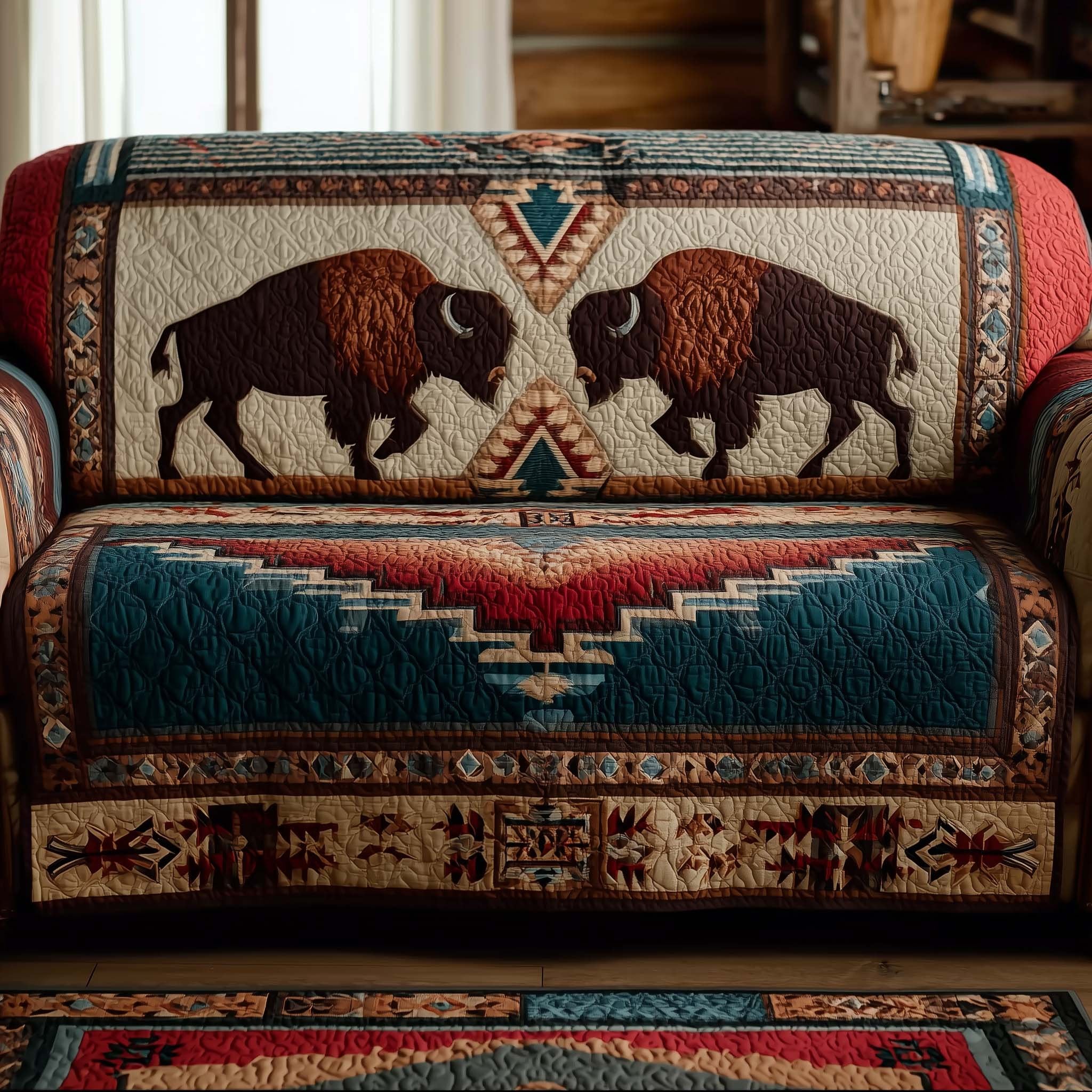 Bison on Navy and Red Southwestern Bands Sofa Cover