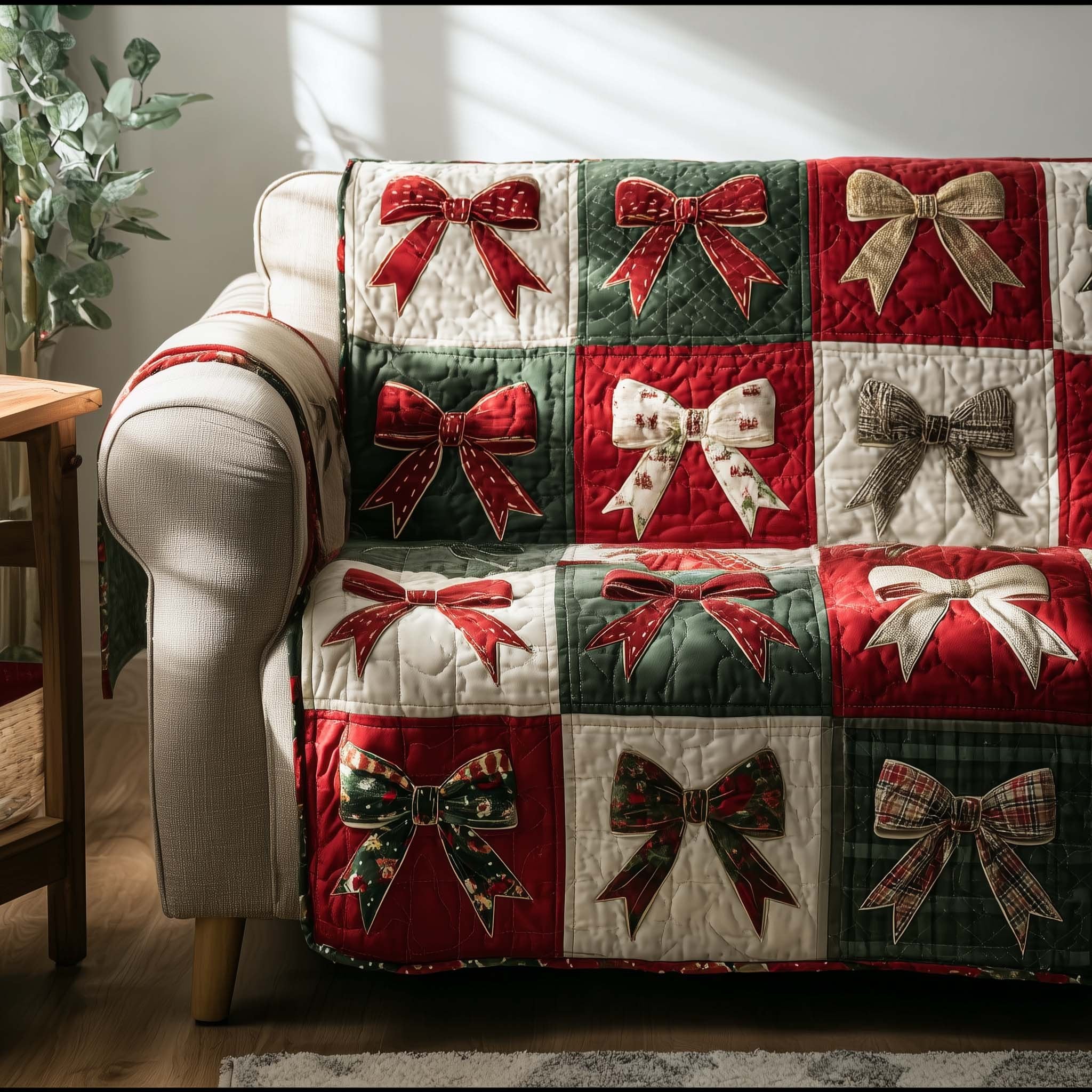 Ribbon Bows on Red and Green Blocks Sofa Cover